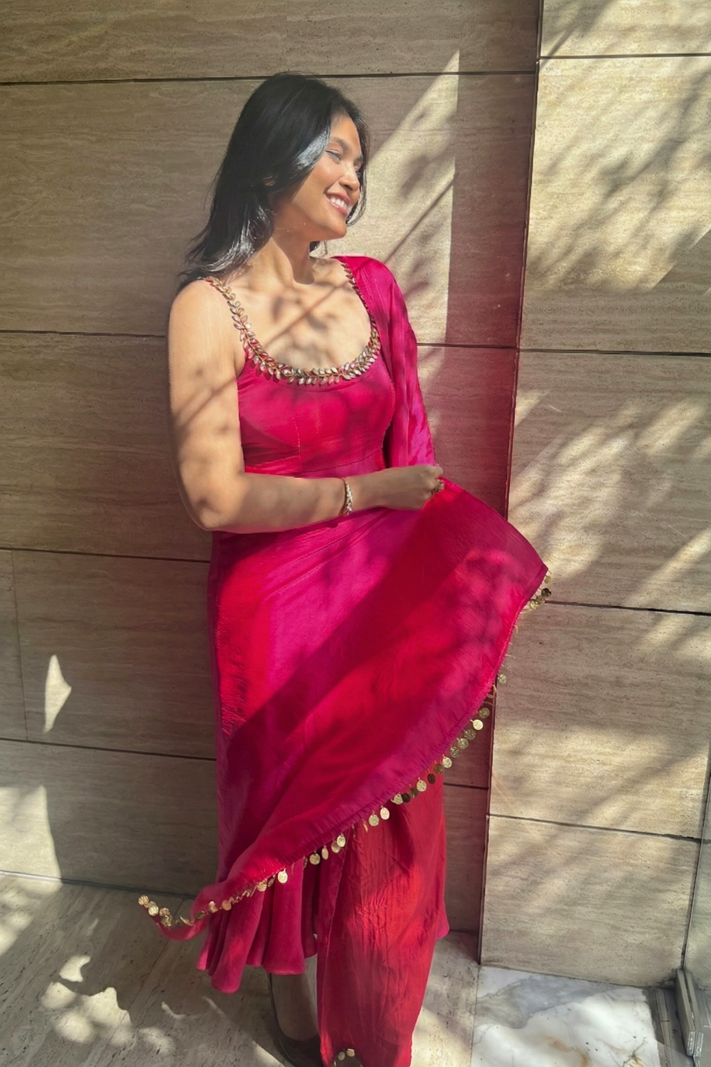 3 pc Suit Set - Fuschia Dual Shade Satin Anarkali Suit with Glass Beads Neck with Pants and Dupatta