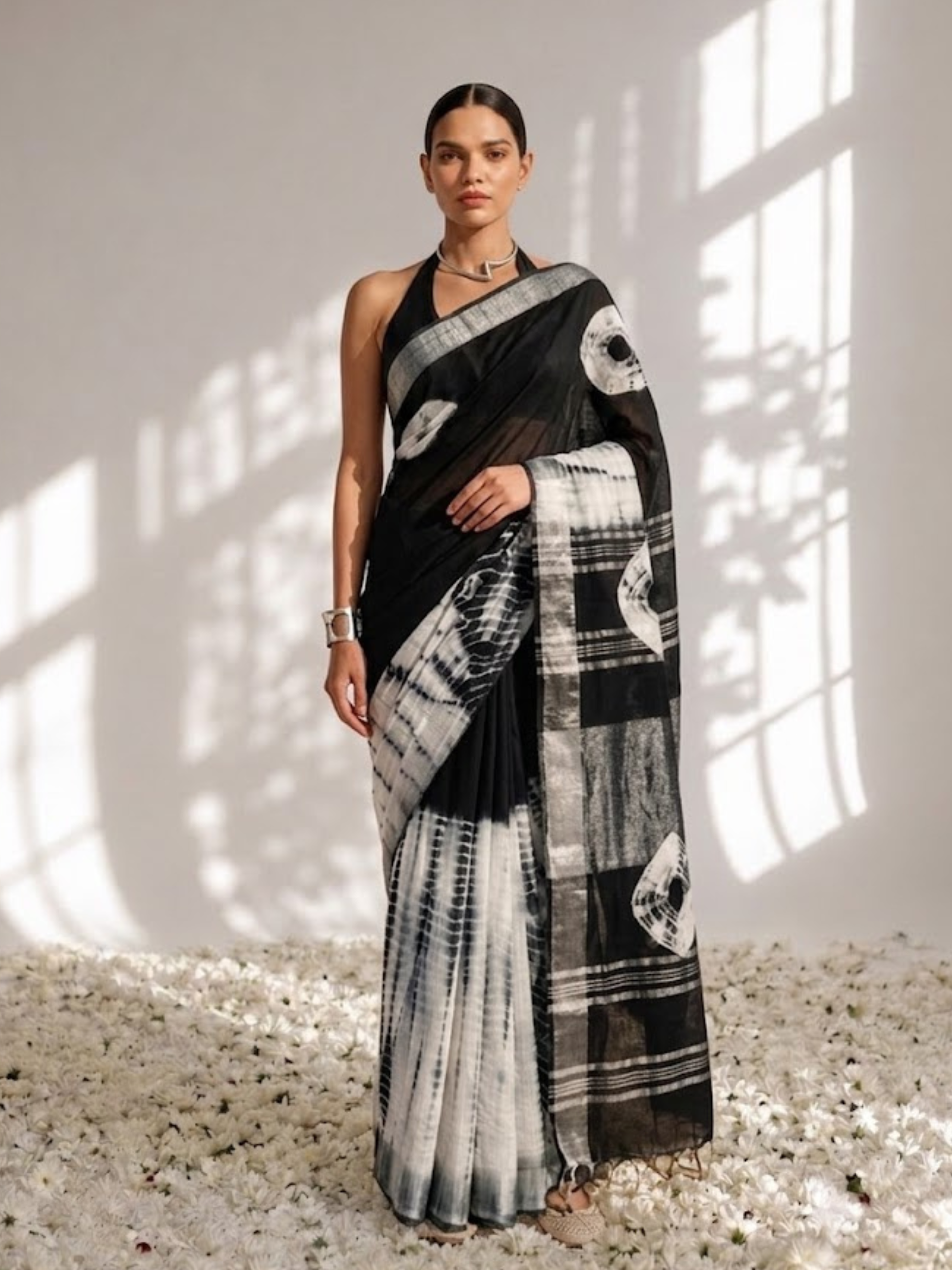 Black and White Hand Tie Dye Soft Cotton Saree