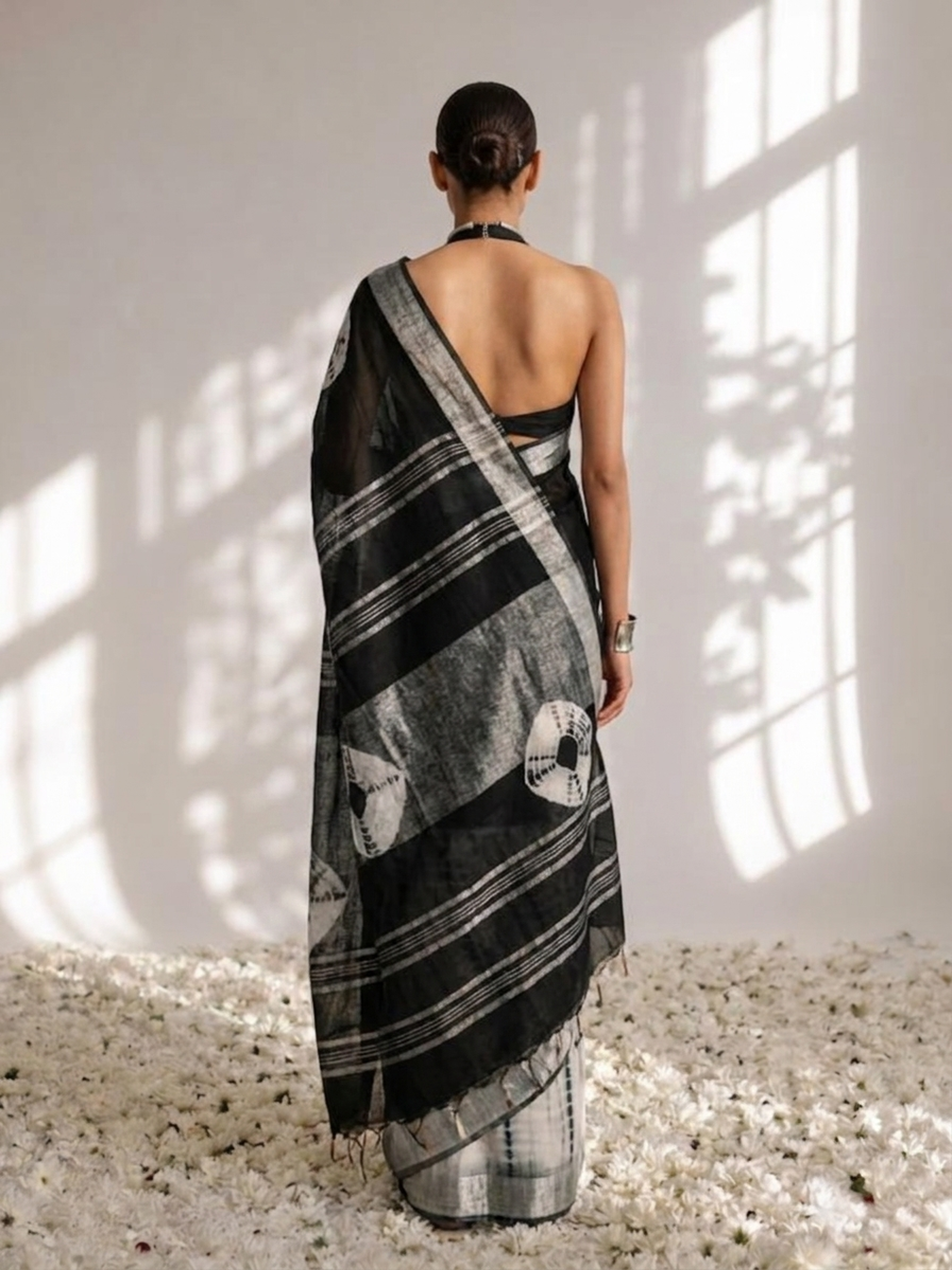 Black and white hand tie dye soft cotton saree — view 5