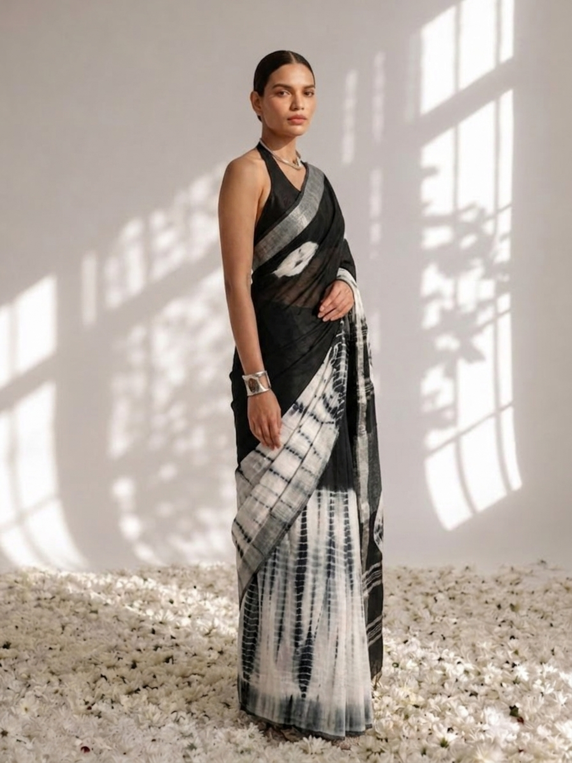Black and white hand tie dye soft cotton saree — view 4
