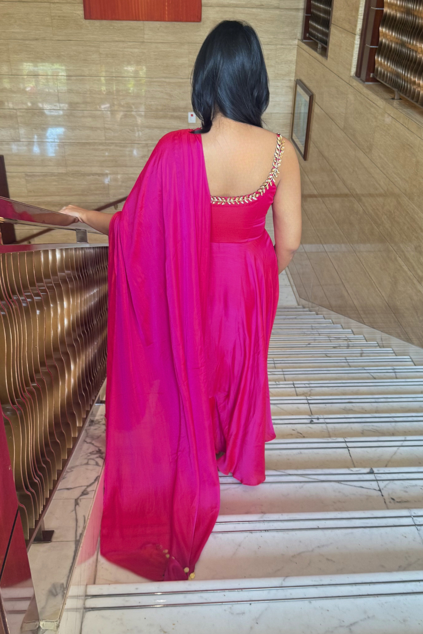 3 pc Suit Set - Fuschia Dual Shade Satin Anarkali Suit with Glass Beads Neck with Pants and Dupatta