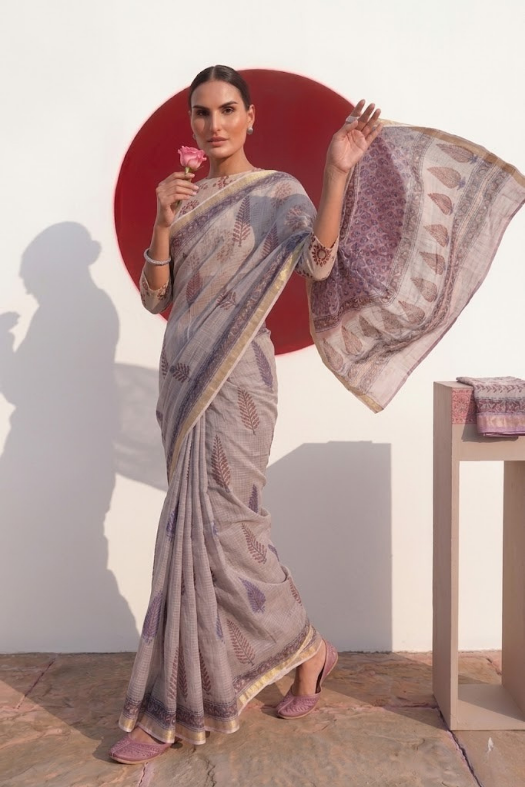 Lilac Pure Silk Kota Printed Saree with Blouse Fabric