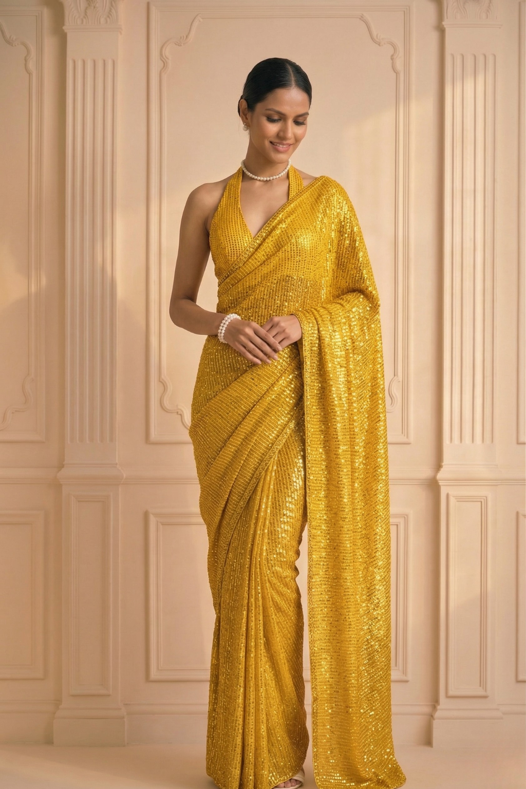 Yellow Knitted Sequin Saree with Blouse Fabric