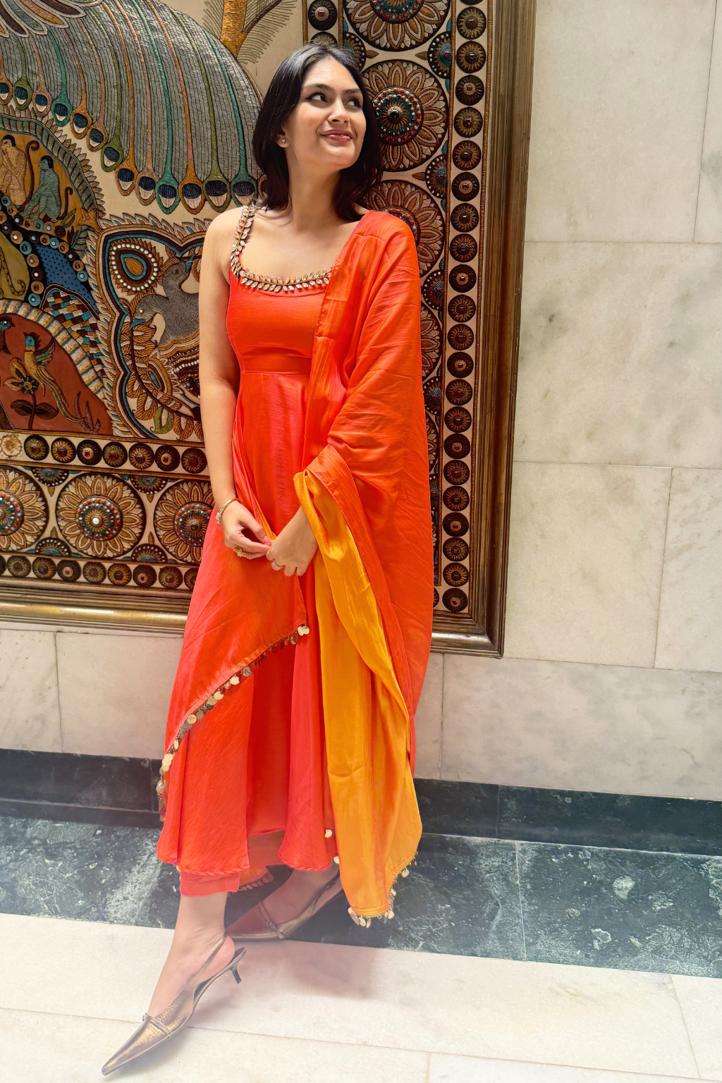 3 pc Suit Set - Orange yellow Dual Shade Satin Anarkali Suit with Glass Beads Neck with Pants and Dupatta