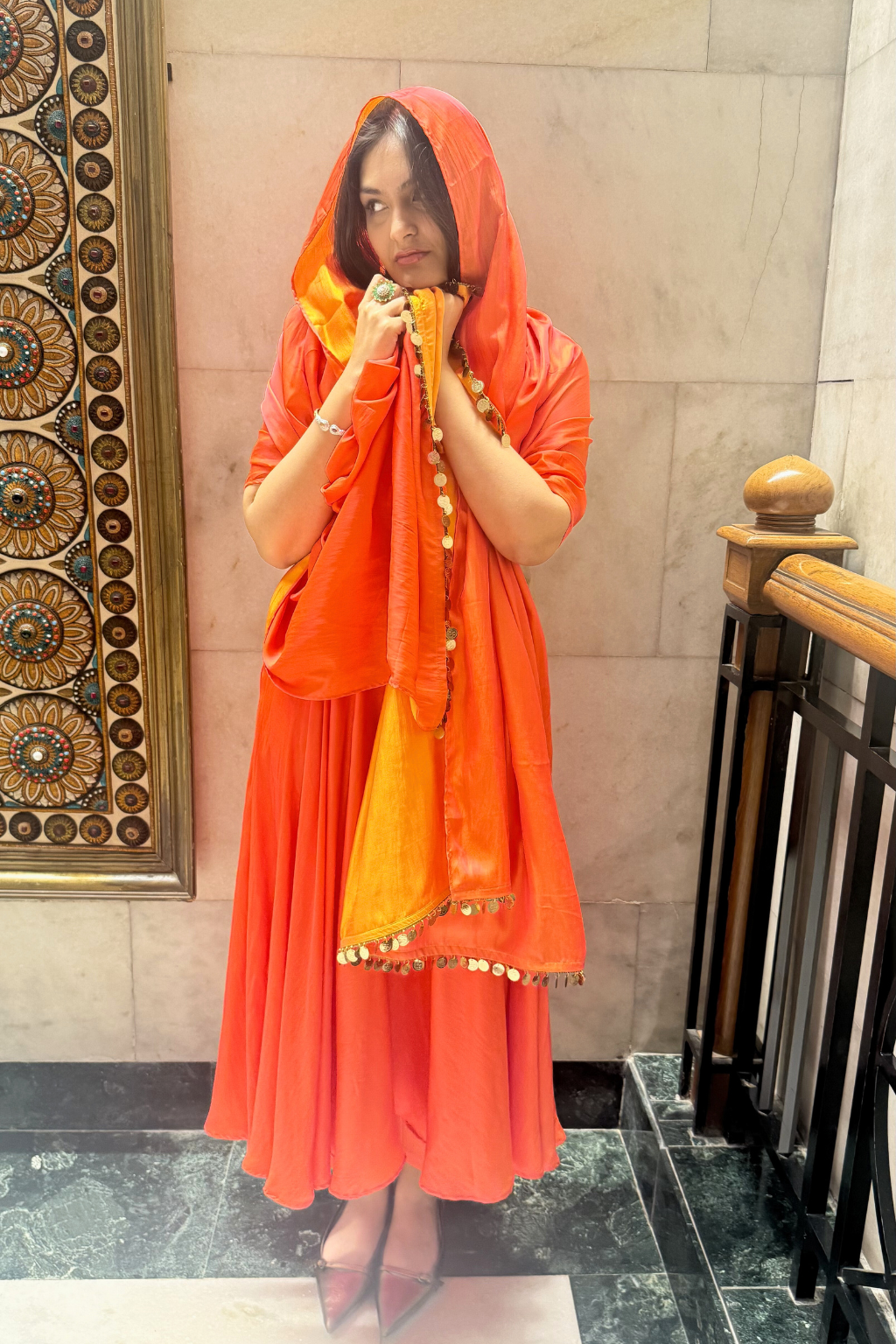 3 pc Suit Set - Orange yellow Dual Shade Satin Anarkali Suit with Glass Beads Neck with Pants and Dupatta