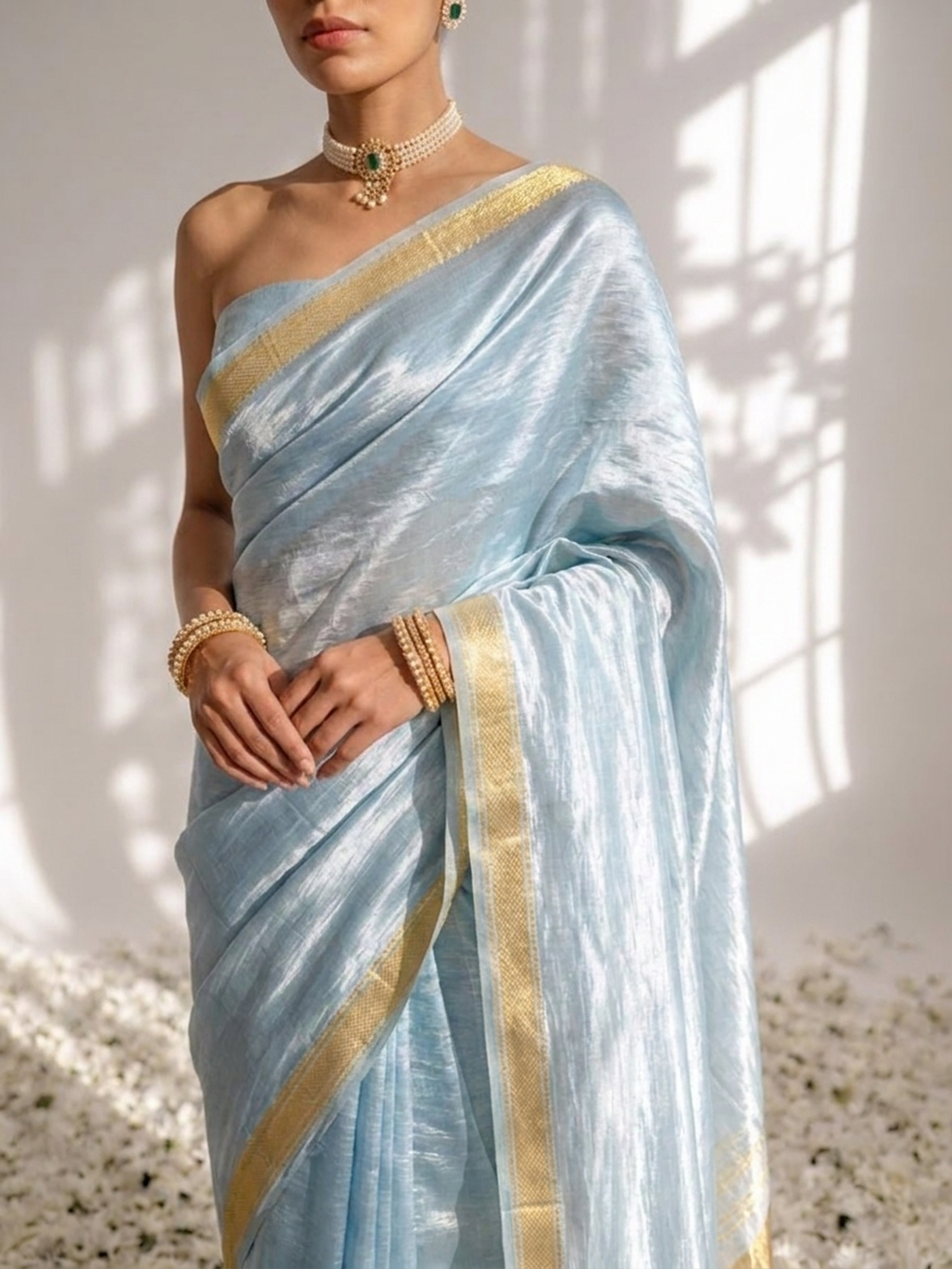 Dola Mint Border Silk saree with Zari Border and Blouse Fabric