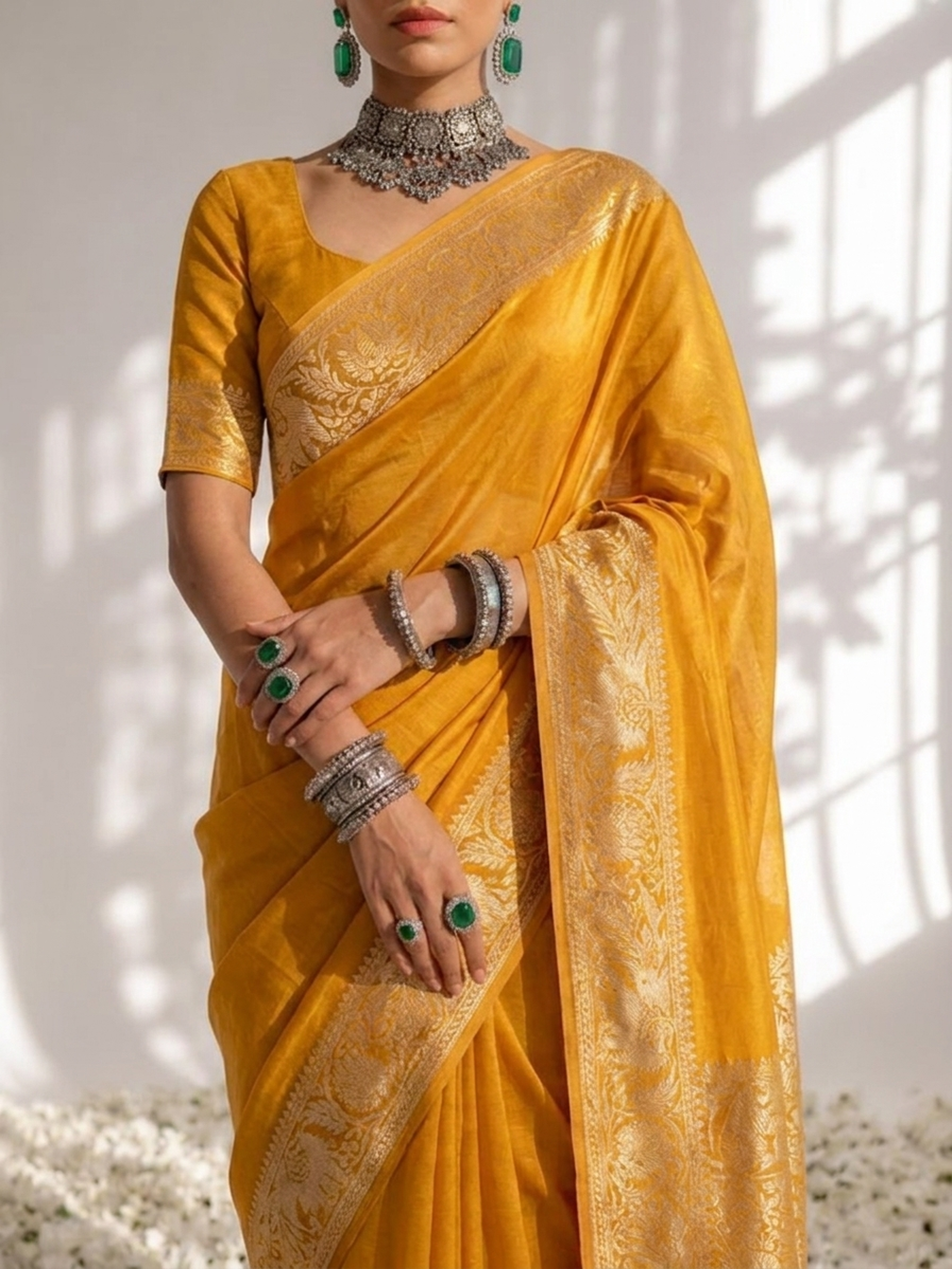 Dola Yellow Border Silk saree with Zari Border and Blouse Fabric