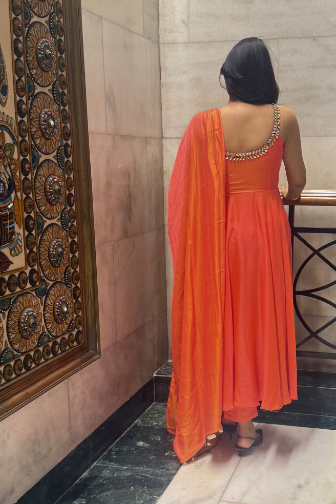 3 pc Suit Set - Orange yellow Dual Shade Satin Anarkali Suit with Glass Beads Neck with Pants and Dupatta