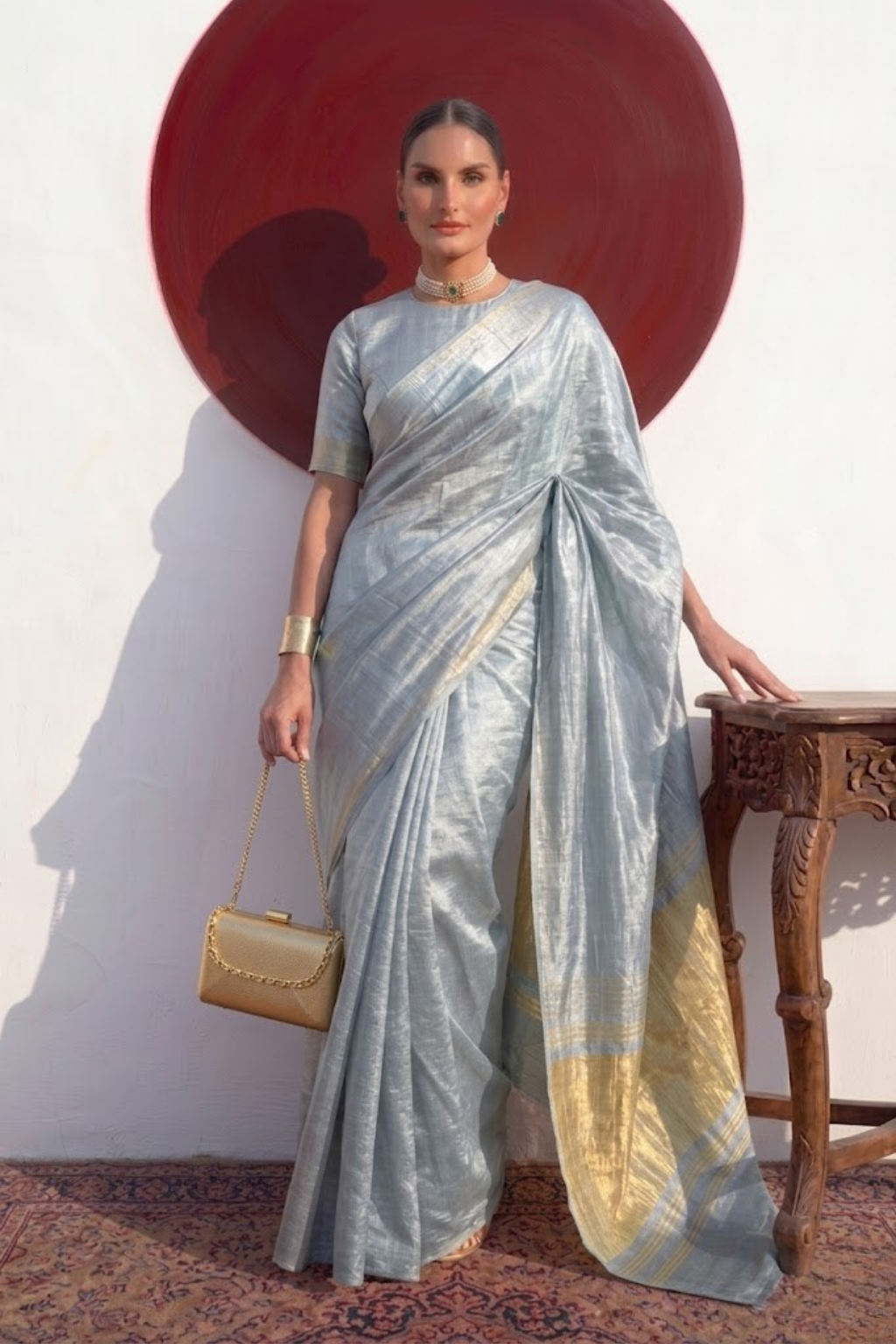 Gajji Grey Silk Saree with Zari Pallu with Blouse Fabric