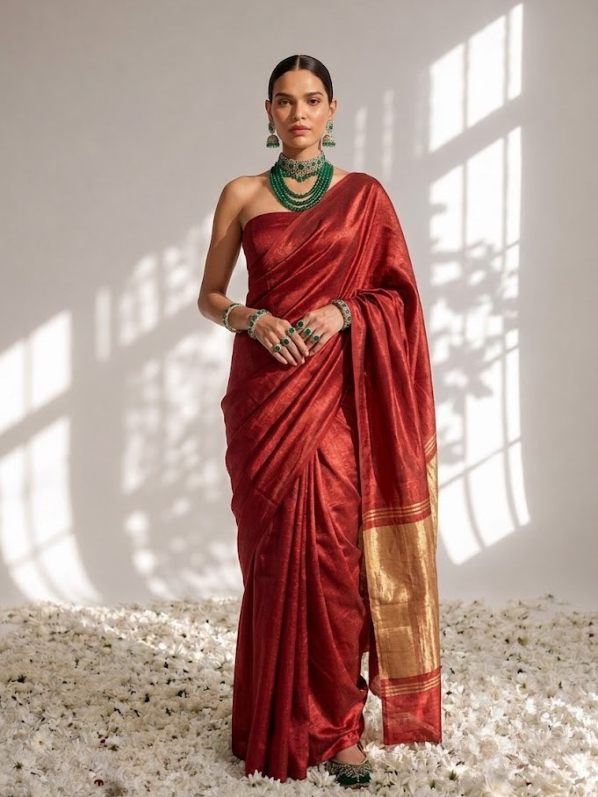 Gajji Red Silk Saree with Zari Pallu with Blouse Fabric