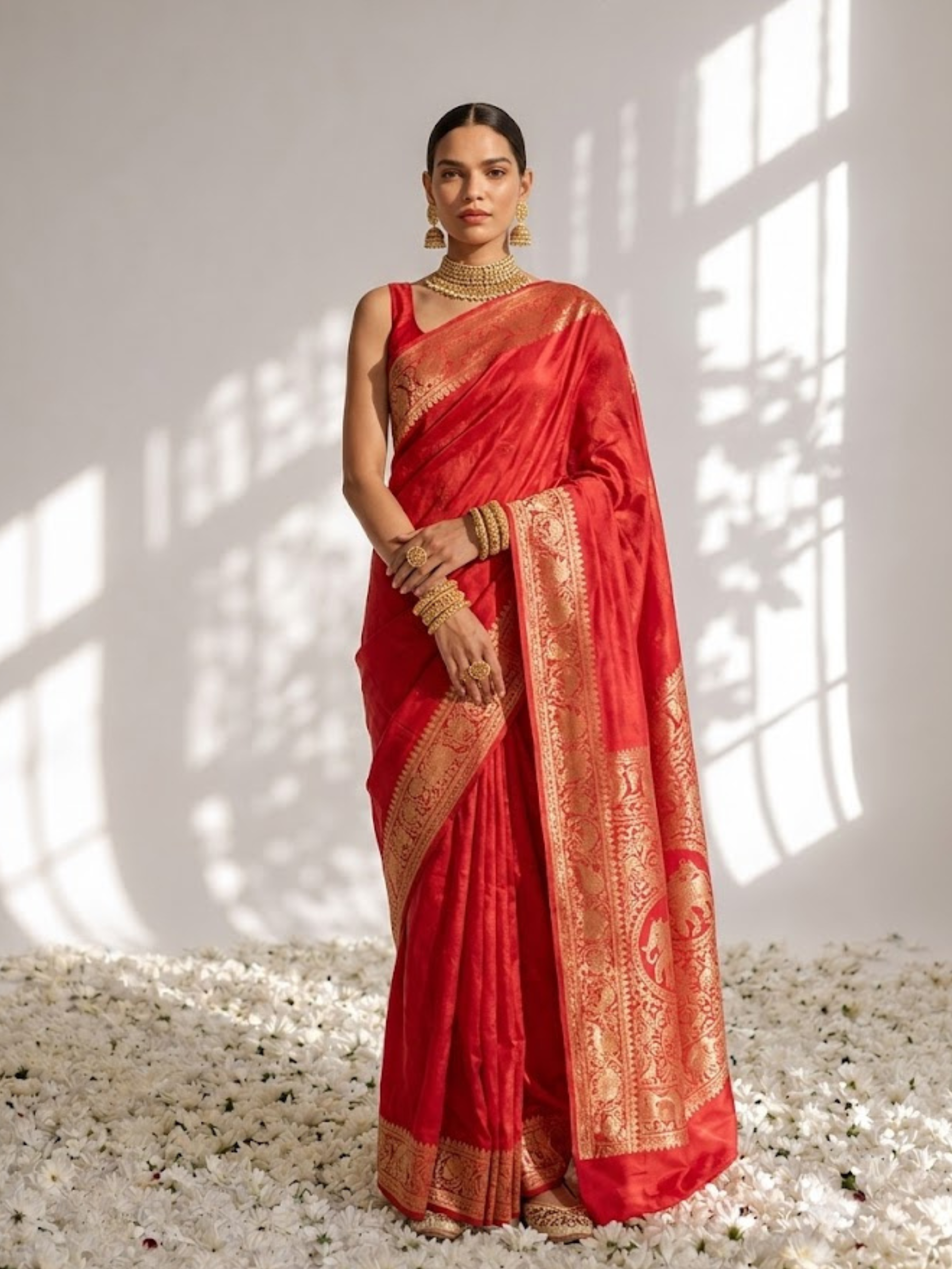 Dola Red Border Silk saree with Zari Border and Blouse Fabric