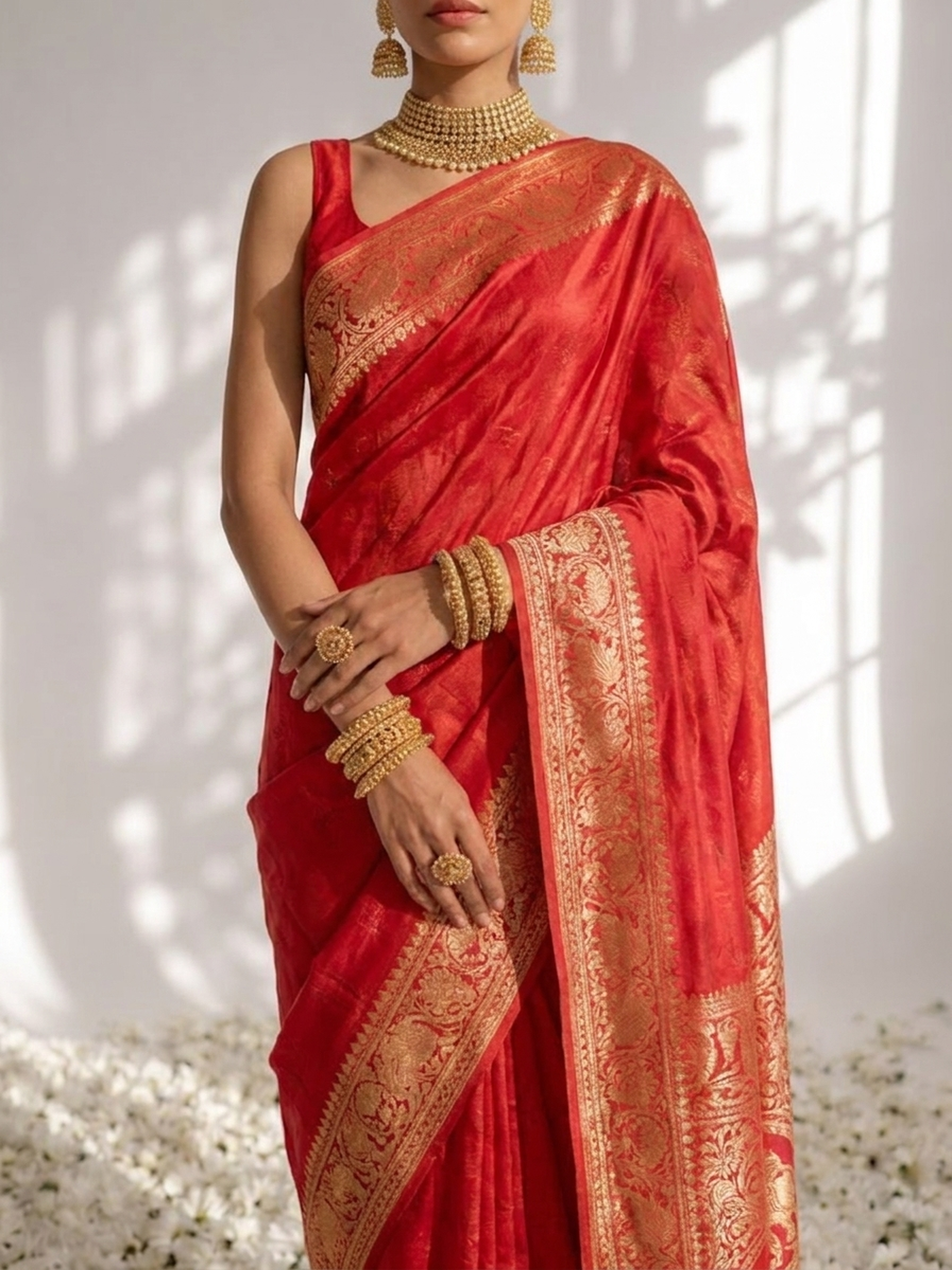 Dola Red Border Silk saree with Zari Border and Blouse Fabric