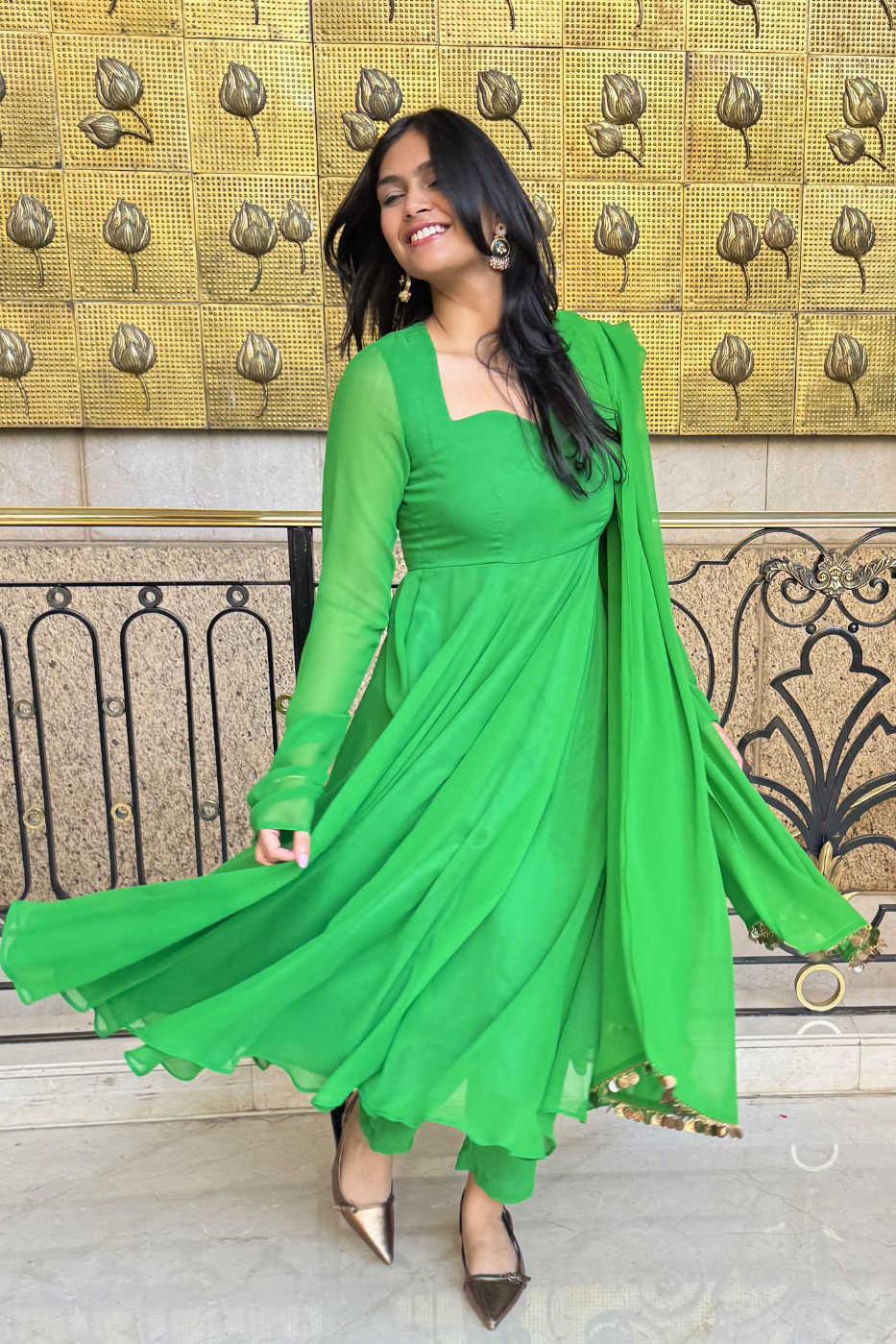 3 pc Suit Set -Chartreuse Georgette Anarkali Long Sleeve Suit with Pants and Dupatta