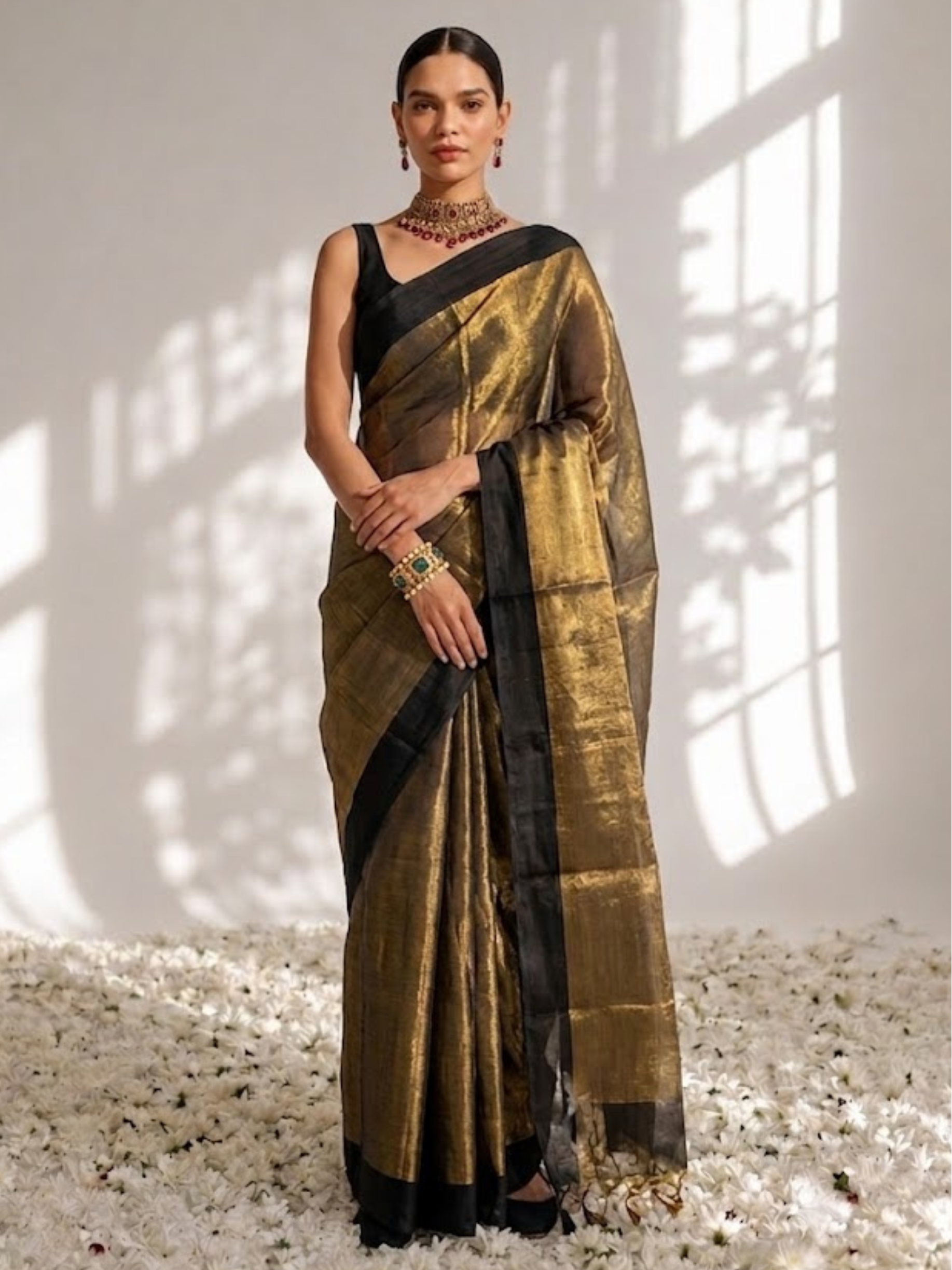 Black Gold Zari Saree with Self Blouse Fabric