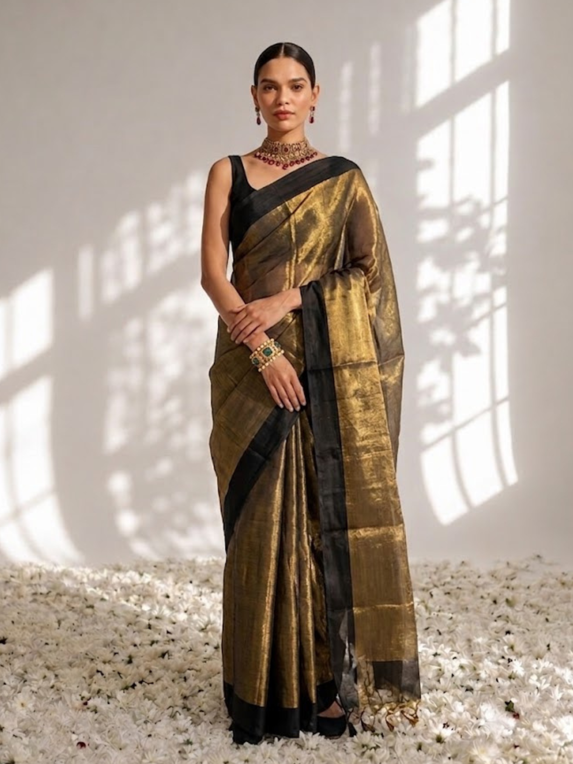 Black Gold Zari Saree with Self Blouse Fabric