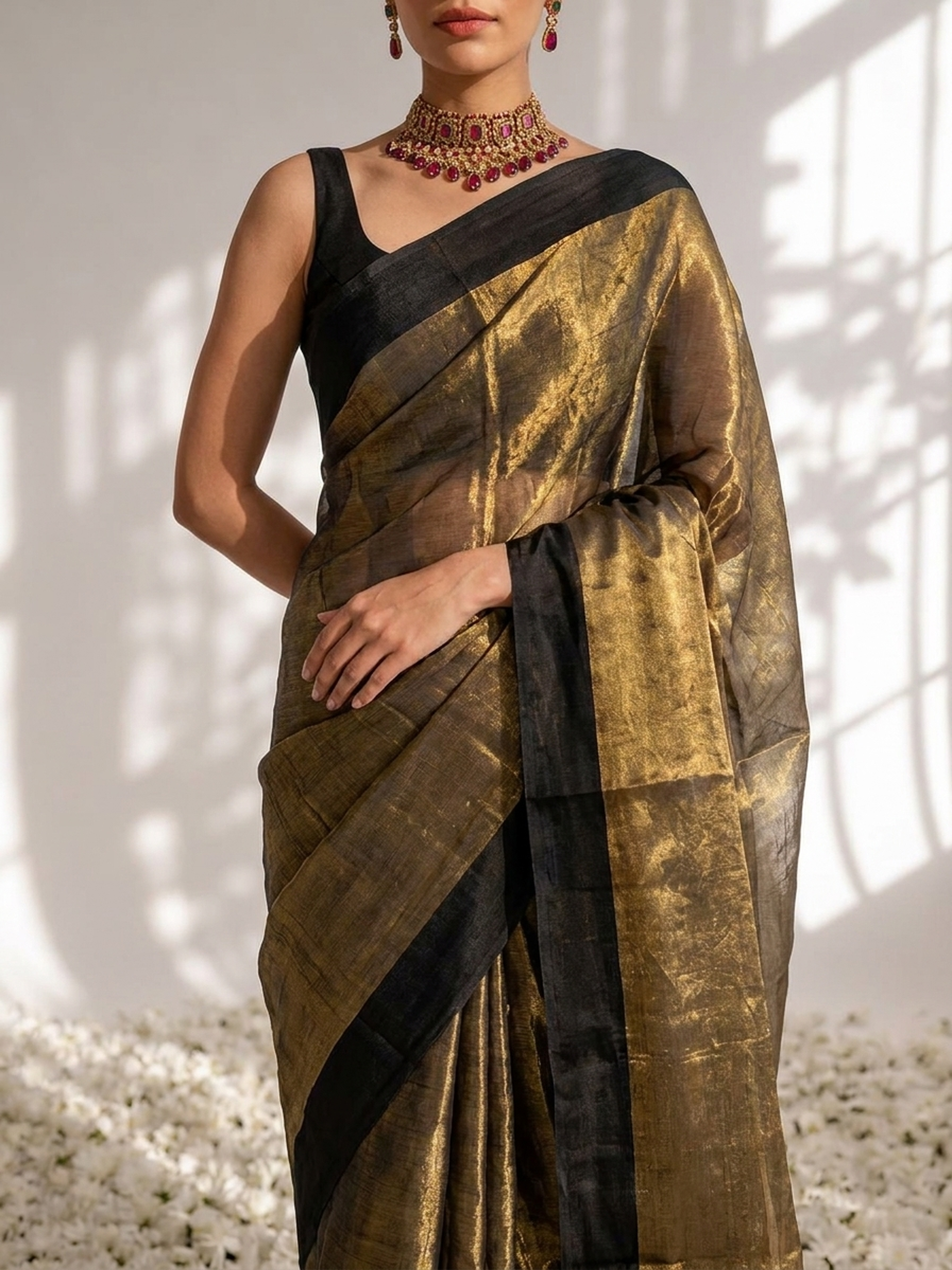 Black Gold Zari Saree with Self Blouse Fabric