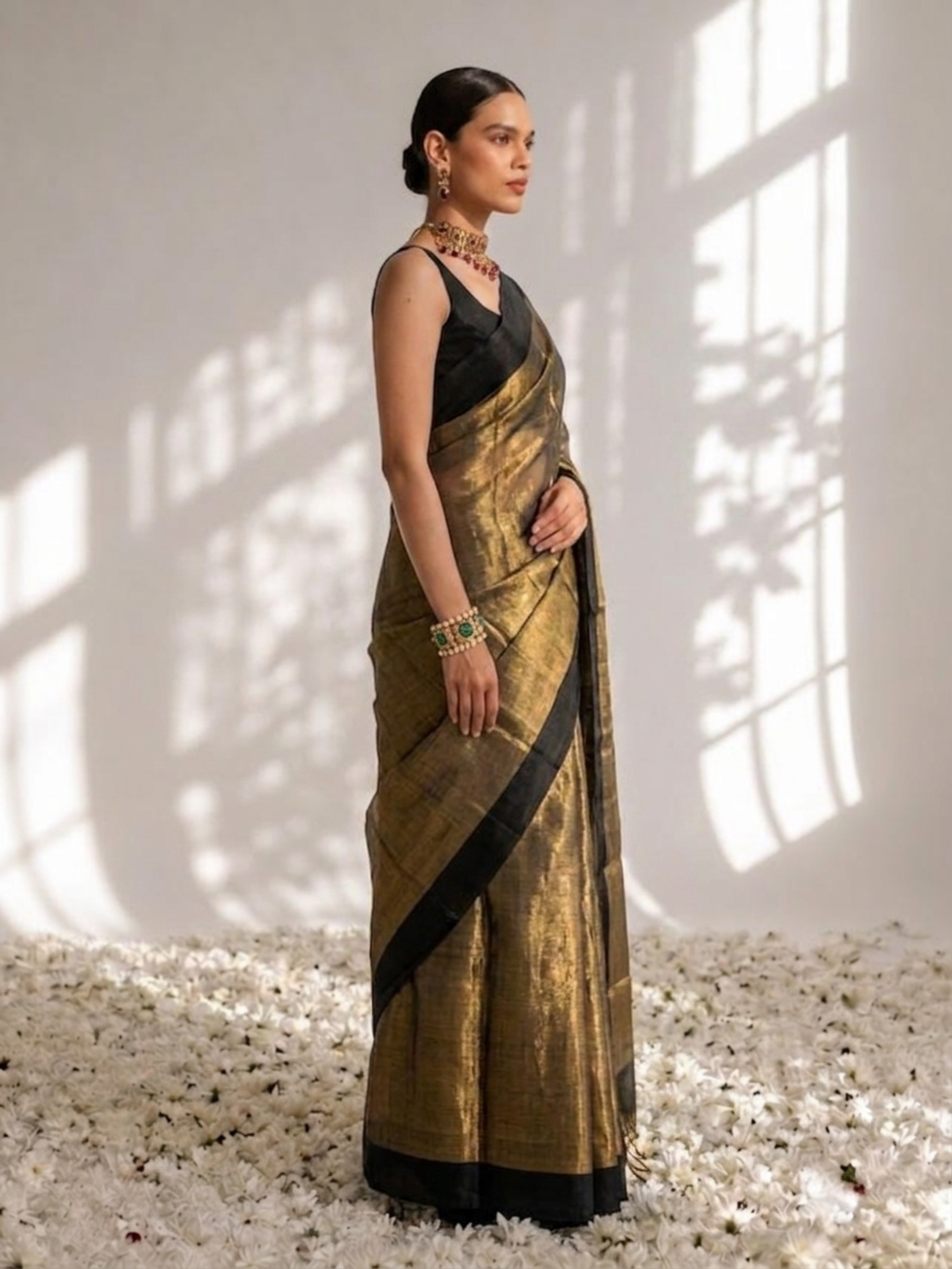 Black Gold Zari Saree with Self Blouse Fabric