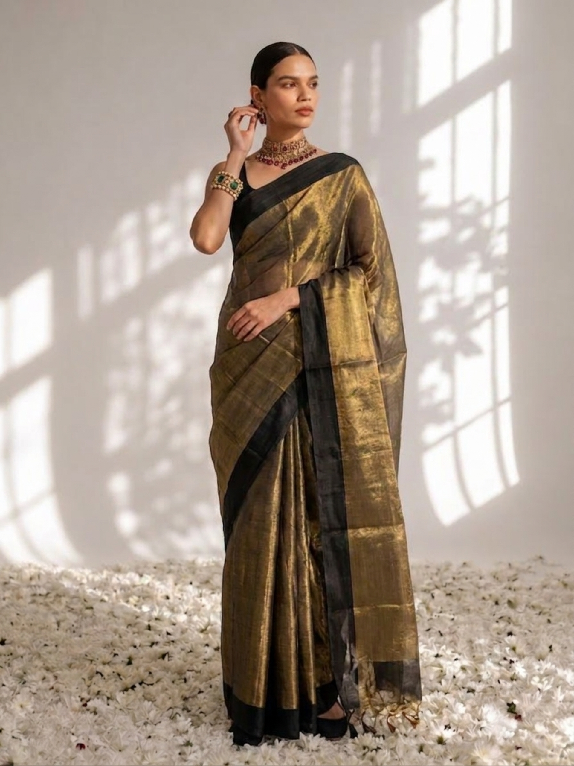 Black Gold Zari Saree with Self Blouse Fabric