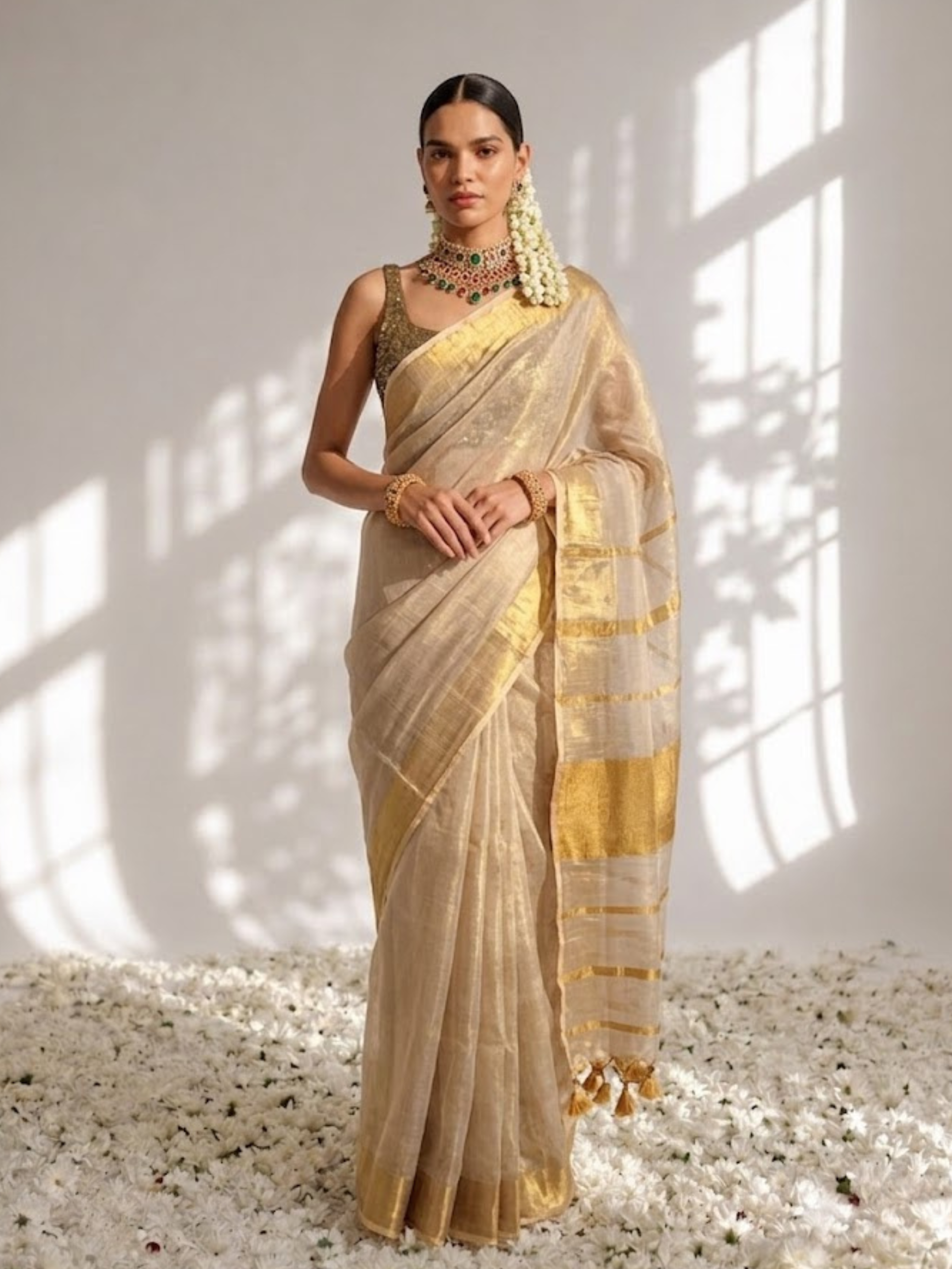 Onam Cream Gold Zari Saree with Self Blouse Fabric