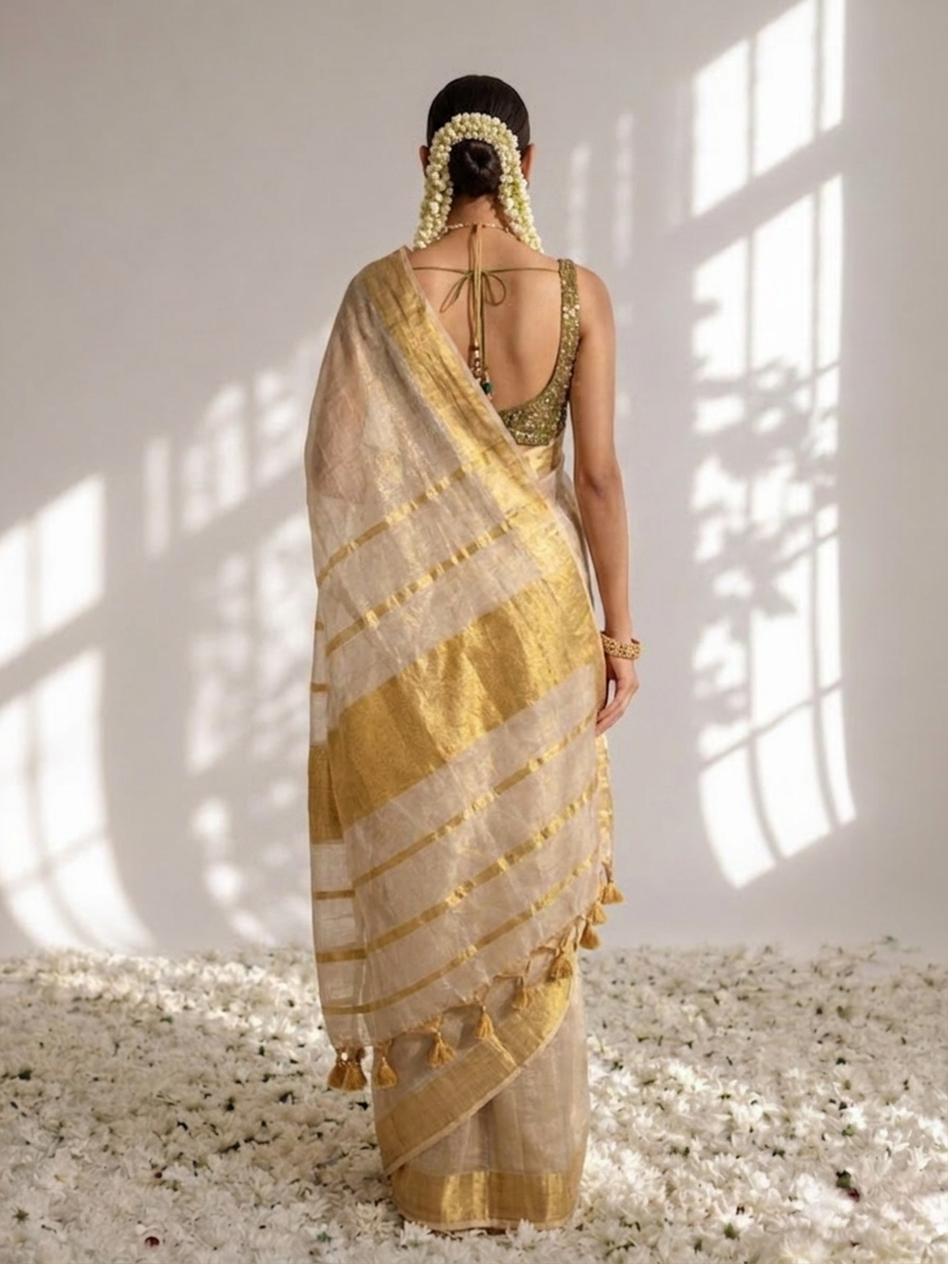 Onam Cream Gold Zari Saree with Self Blouse Fabric