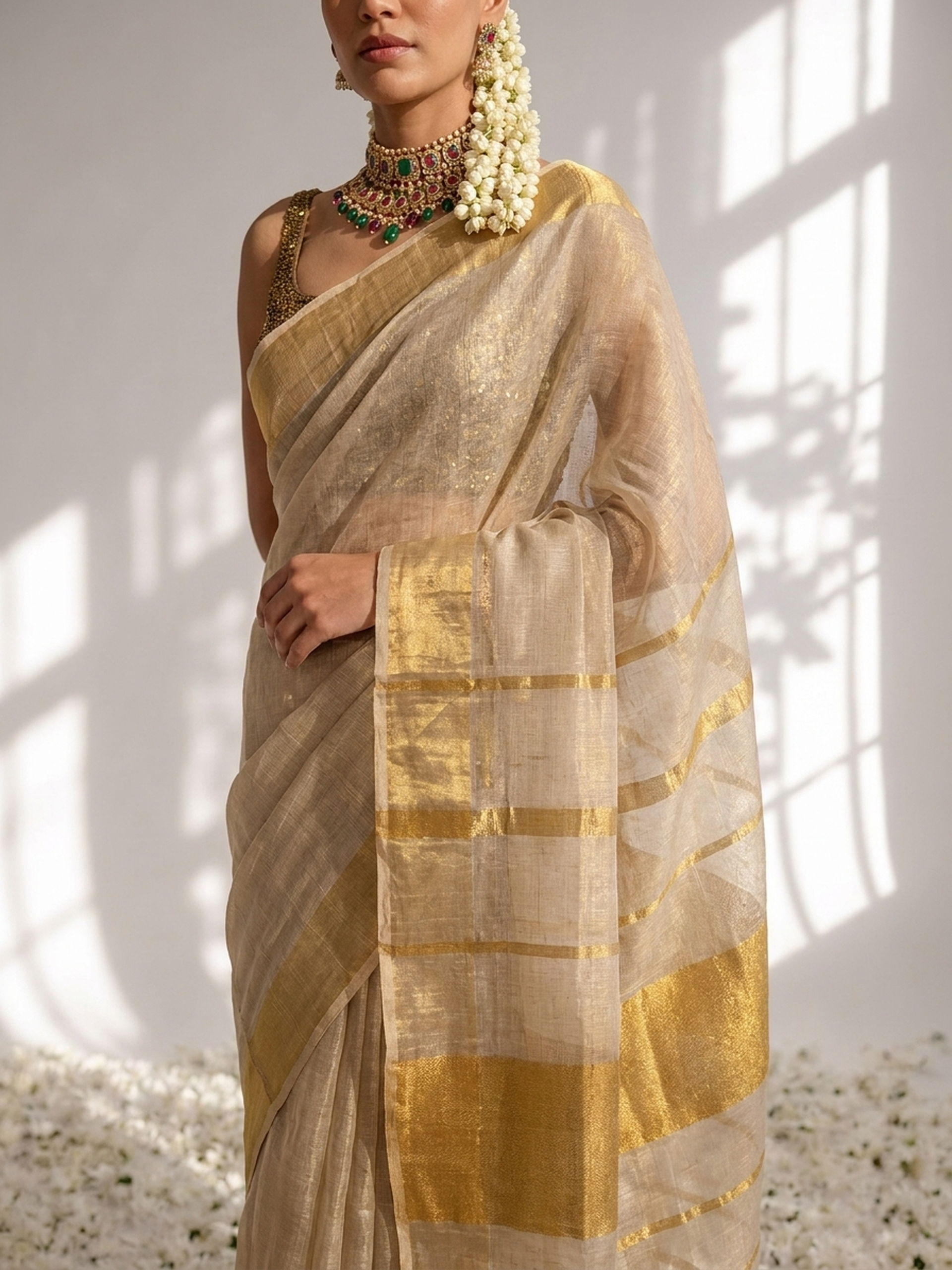 Onam Cream Gold Zari Saree with Self Blouse Fabric