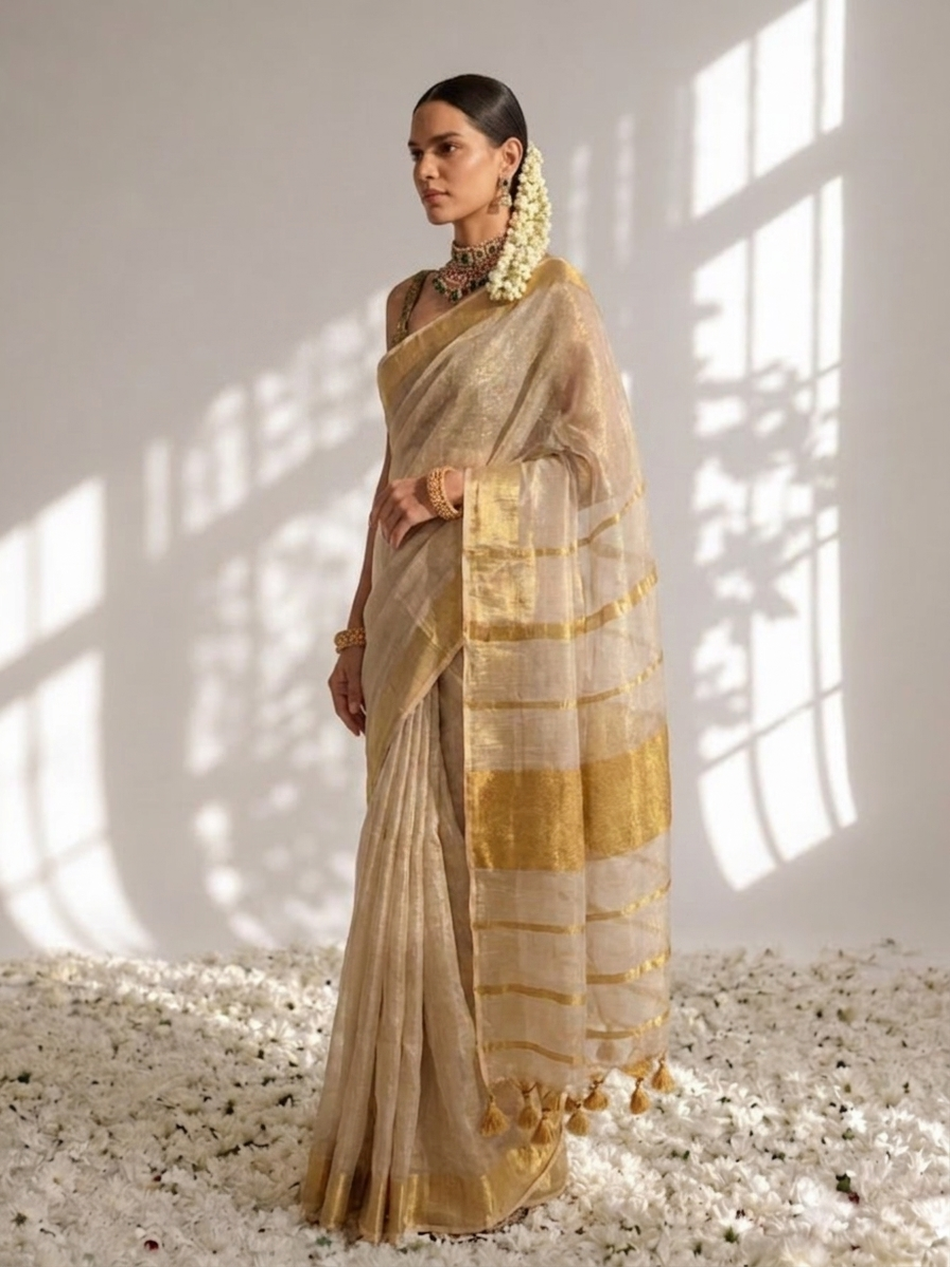 Onam Cream Gold Zari Saree with Self Blouse Fabric