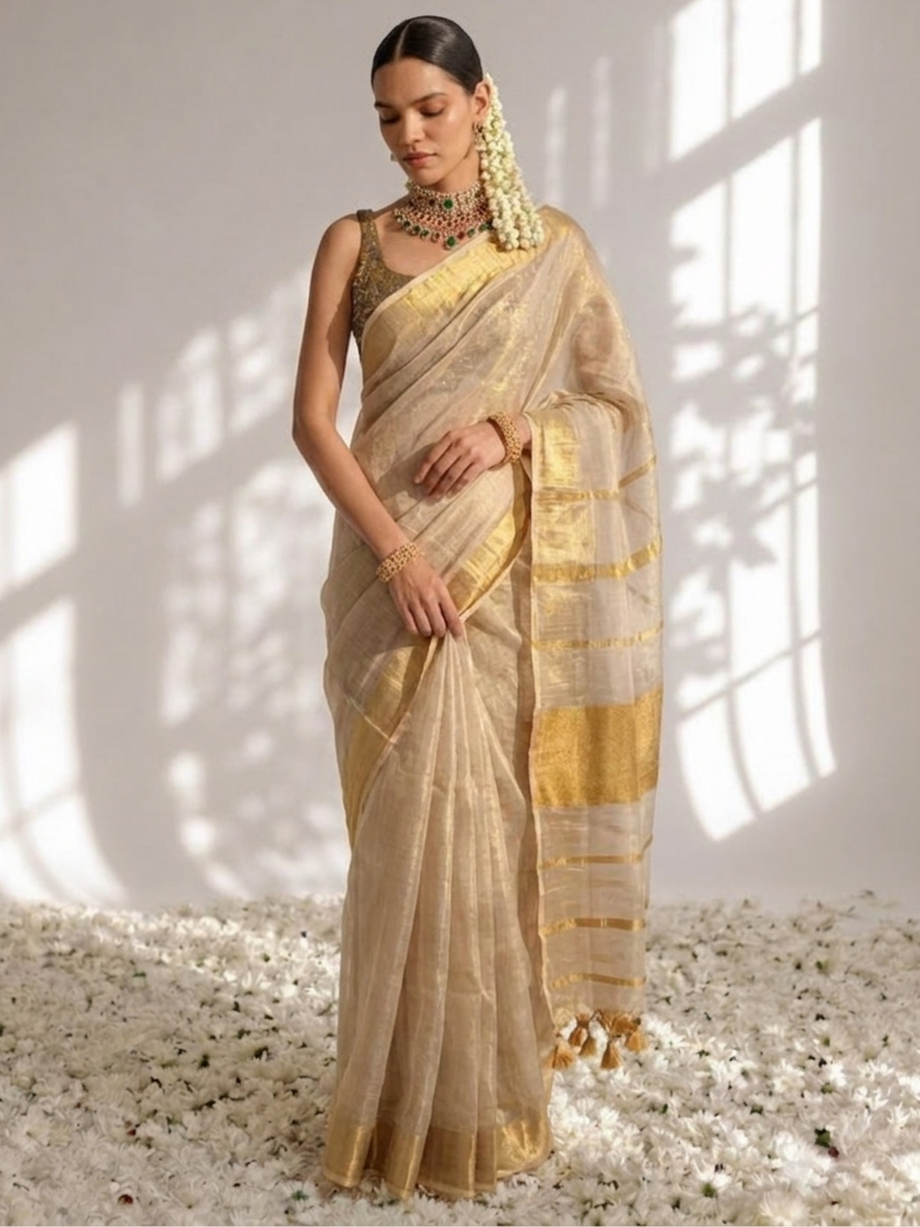 Onam Cream Gold Zari Saree with Self Blouse Fabric
