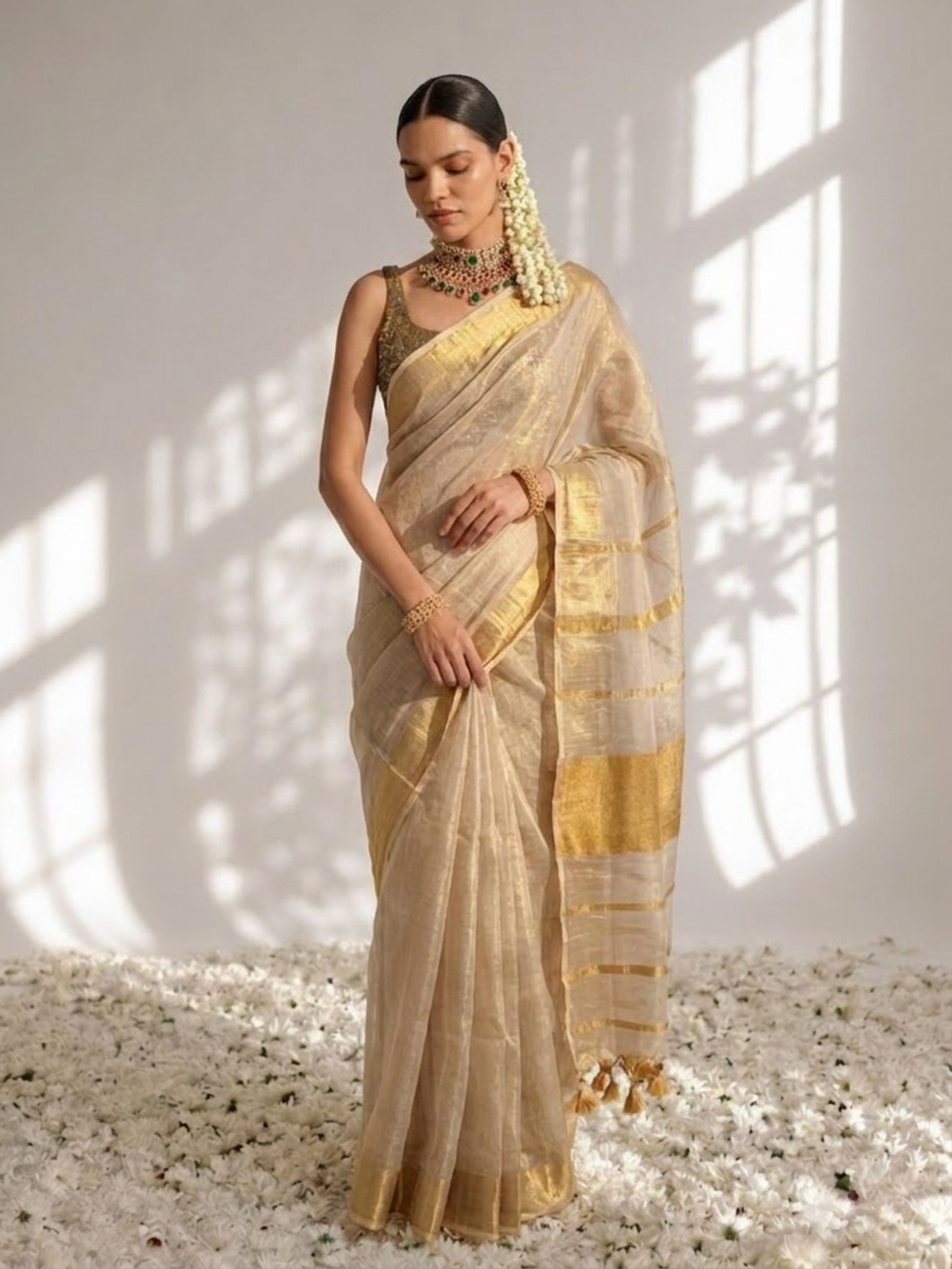 Onam Cream Gold Zari Saree with Self Blouse Fabric
