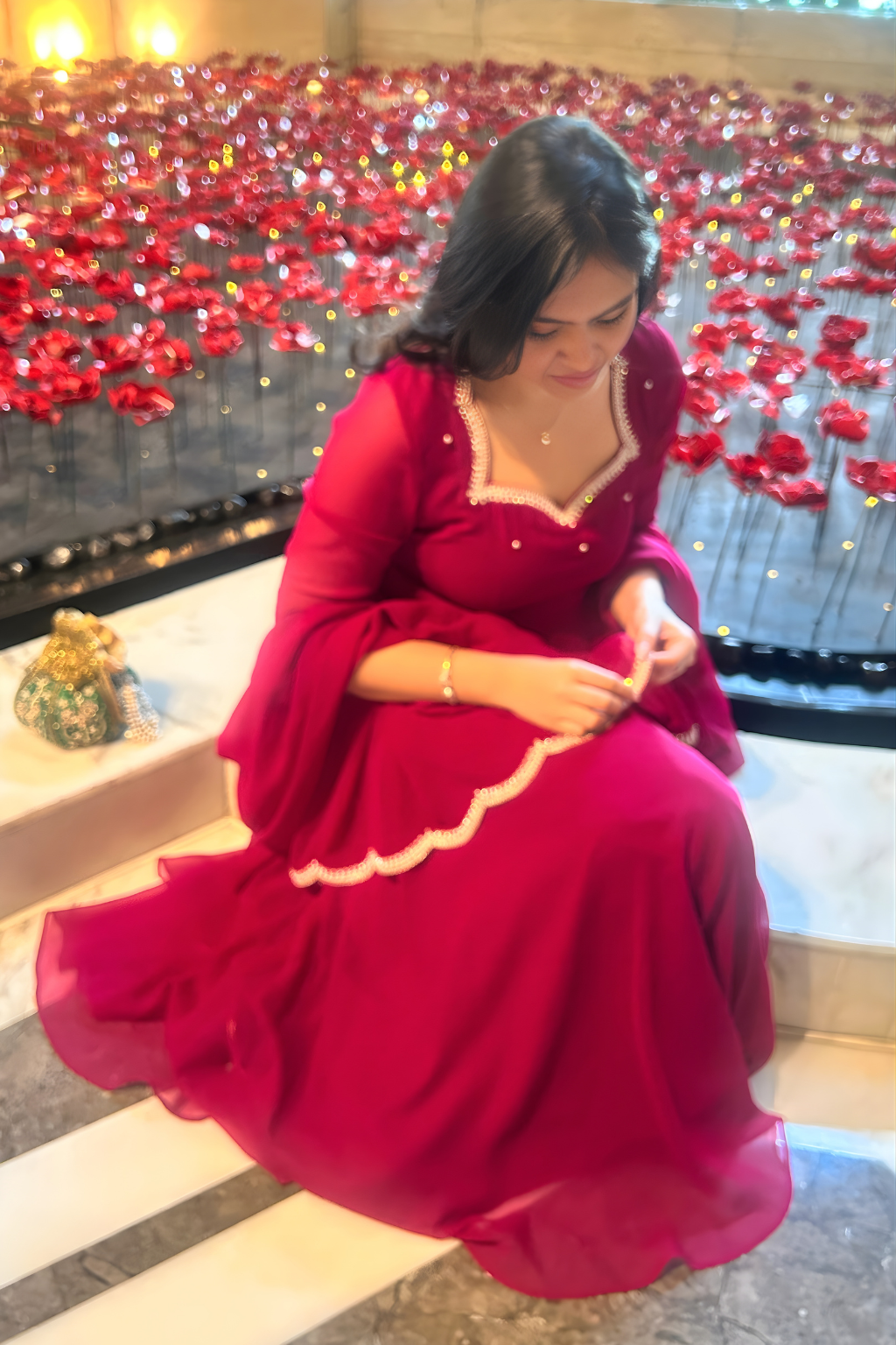 3 pc Suit Set -Rebel Georgette 3/4th Sleeve Anarkali with Embroidery and Dupatta with Pants