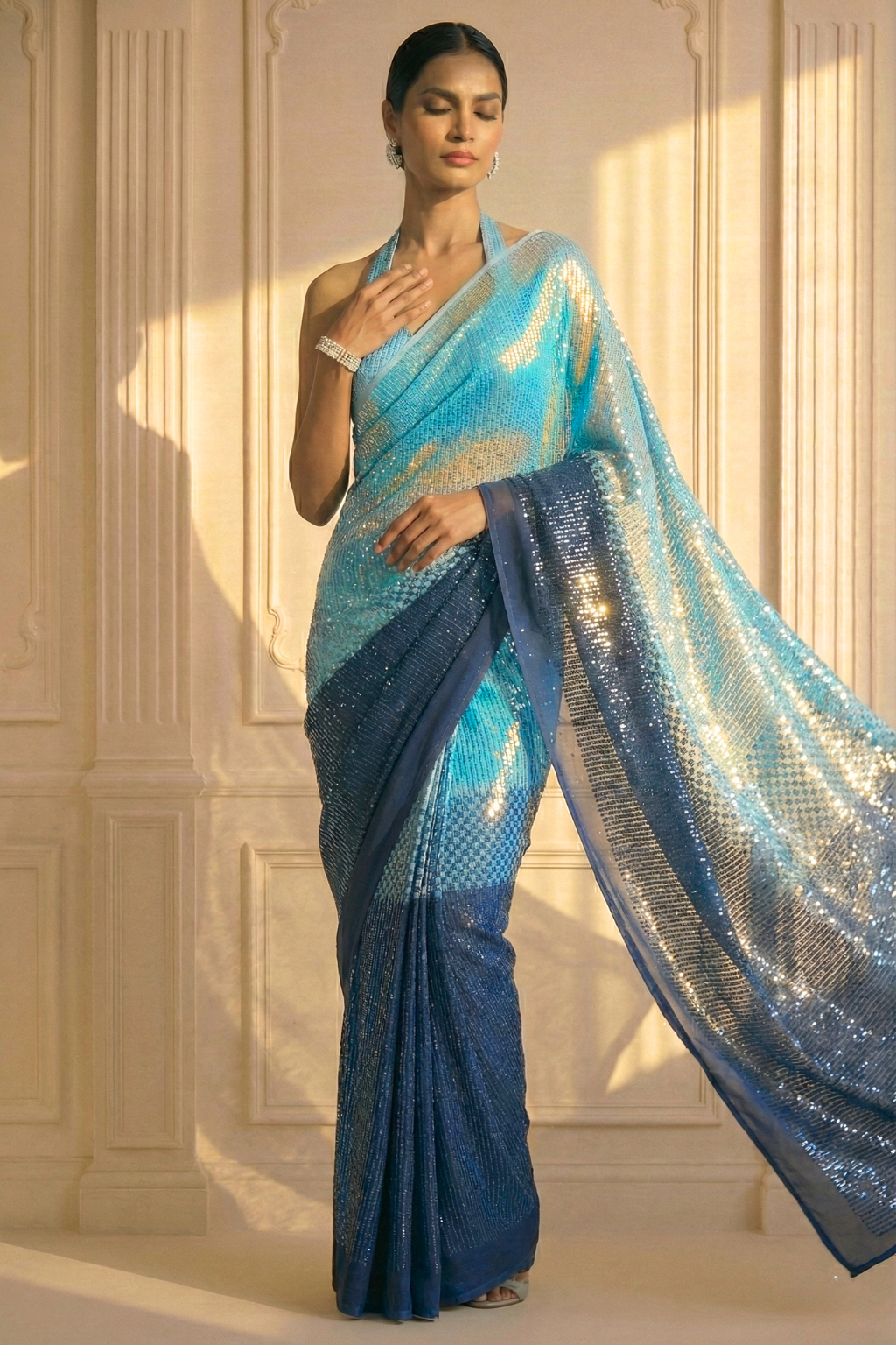 Allure Blue Ombre' Knitted Sequin Saree with Blouse Fabric