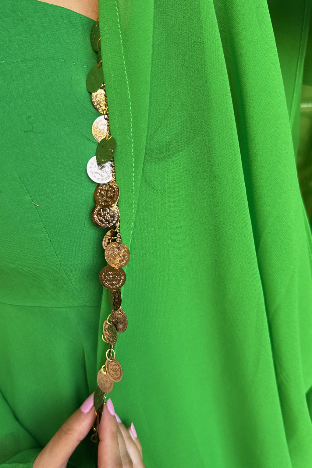 3 pc Suit Set -Chartreuse Georgette Anarkali Long Sleeve Suit with Pants and Dupatta