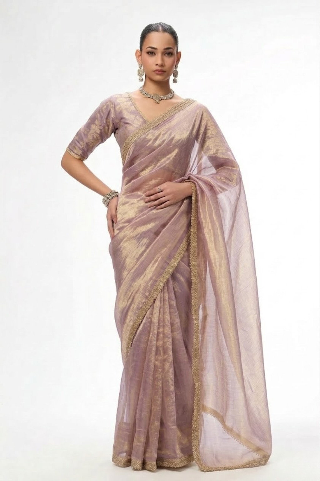 With Ready Blouse - Grey Lilac Magic Metallic Saree with Lace and Grey Jacqard Blouse