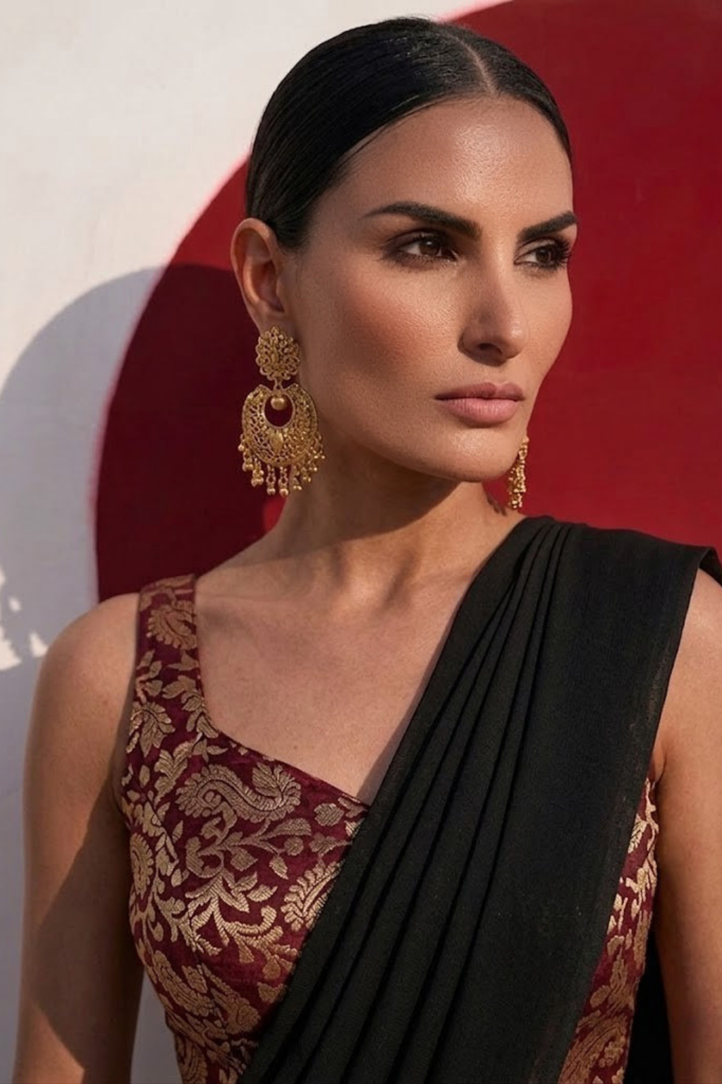 With Stitched Blouse - Maroon Brocade Blouse with Black Chiffon Saree (Blouse has sleeve attached)
