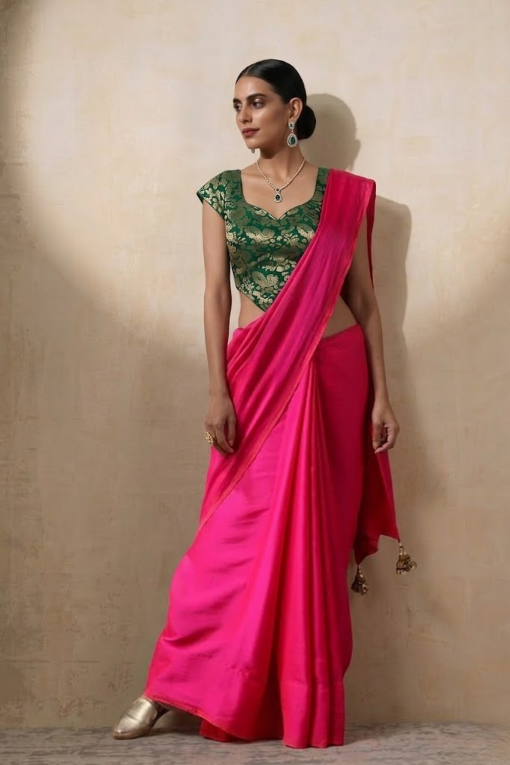 With Stitched Blouse - Green Brocade Blouse with Fuchsia Pink Dual Tone  Satin Saree (Blouse has sleeve attached)
