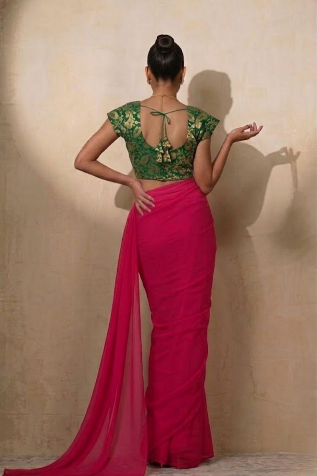 With Stitched Blouse - Green Brocade Blouse with Fuchsia Pink Dual Tone  Satin Saree (Blouse has sleeve attached)