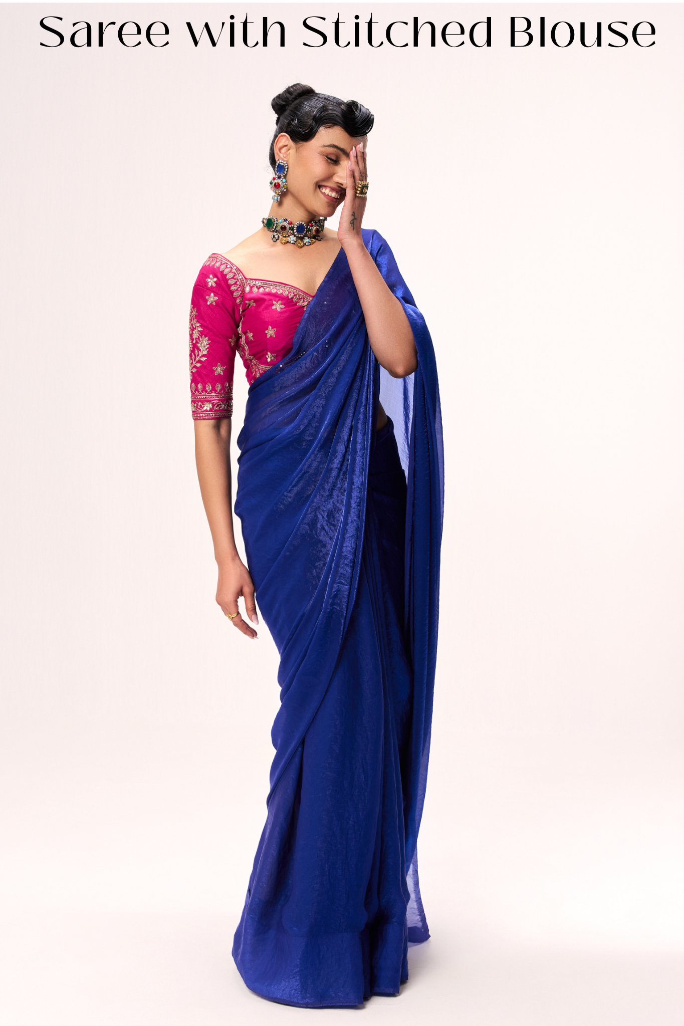 Blue Metallic Satin Saree with Sabya Embroidered Pink  Readymade Blouse