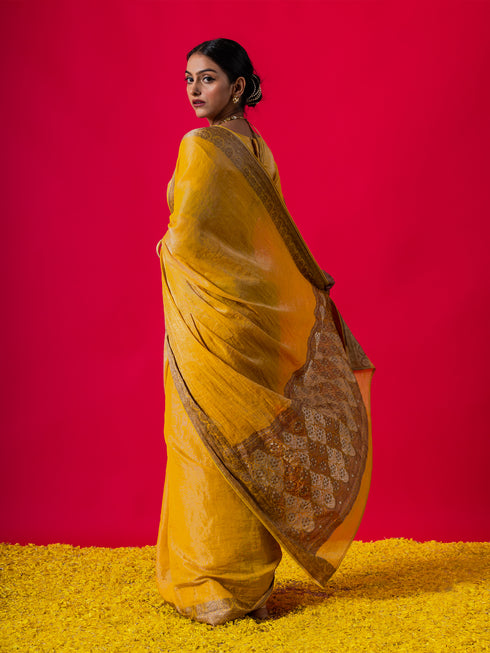 Mustard Brown Gold Shine Soft Saree with Blouse Fabric