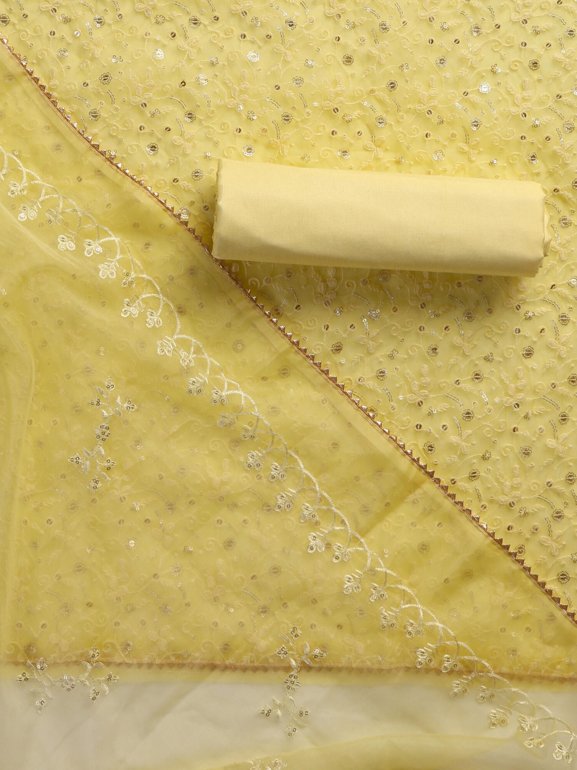 3 Pc SET - Lemon Beaded and Embroidered Organza Kurta With Dupatta and Cotton Pyjama
