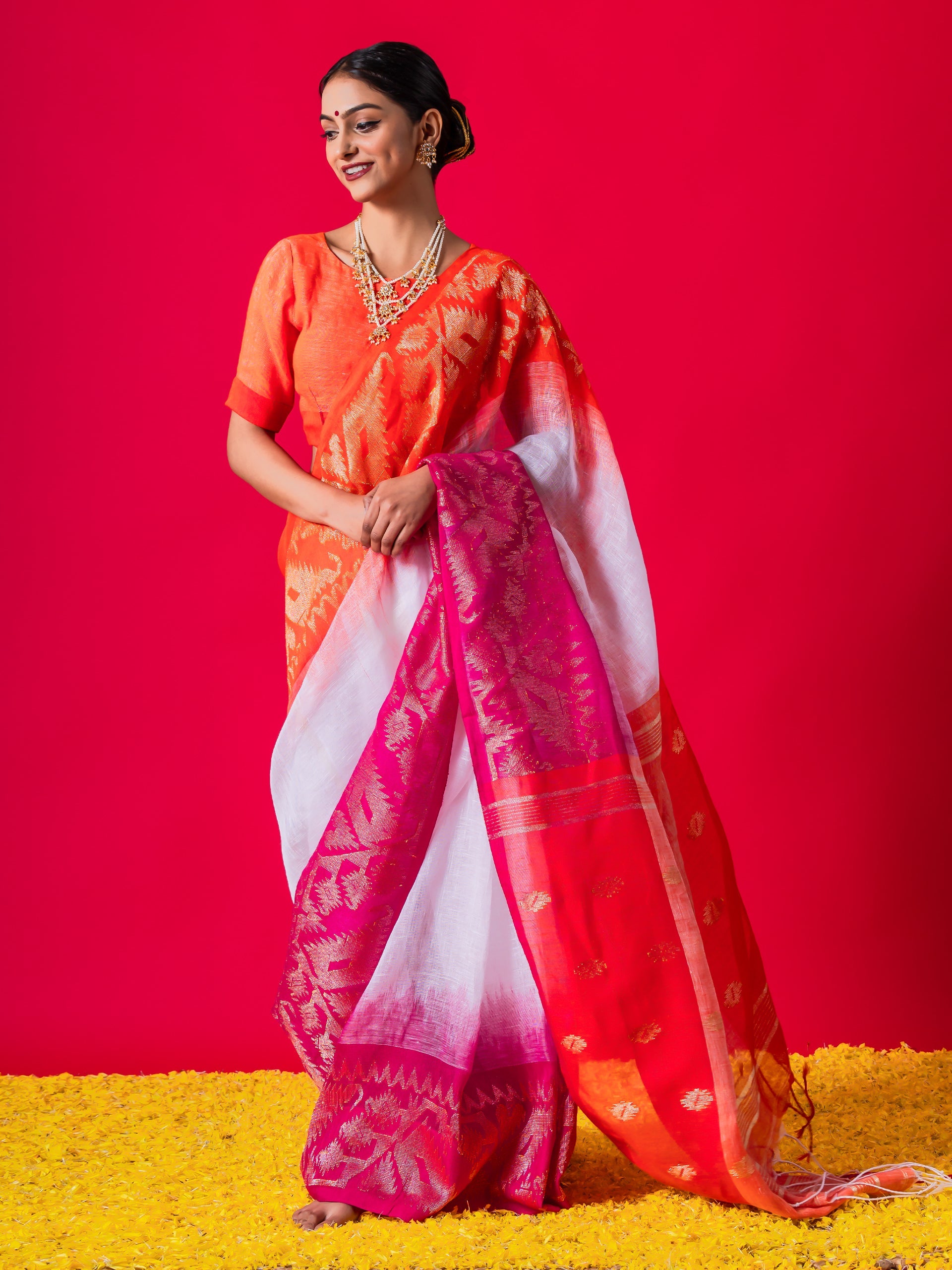 White Linen Ganga Yamuna Red & Orange Saree with Blouse Fabric