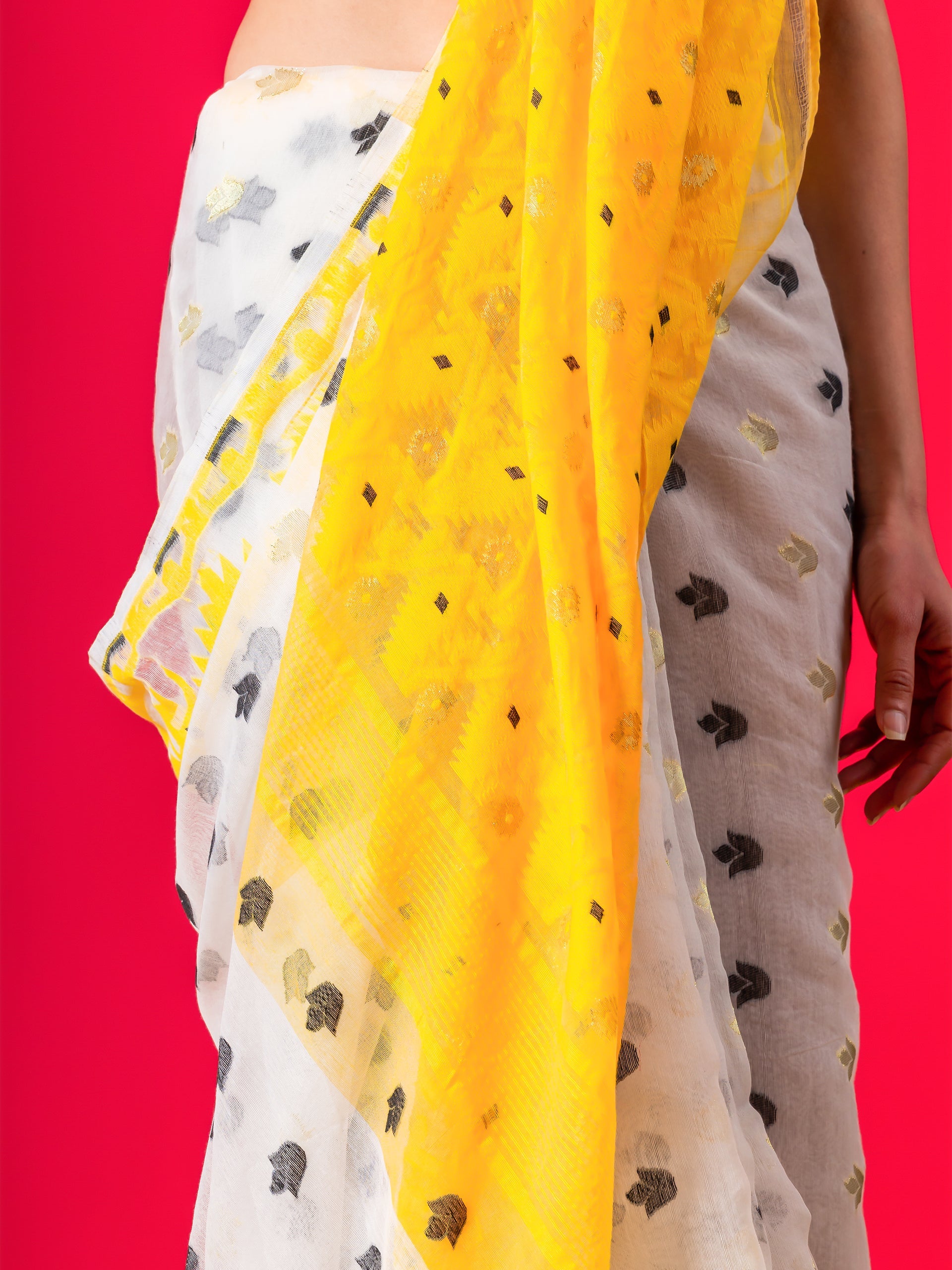 Nayantara Yellow and Black Jamdani Cotton Saree