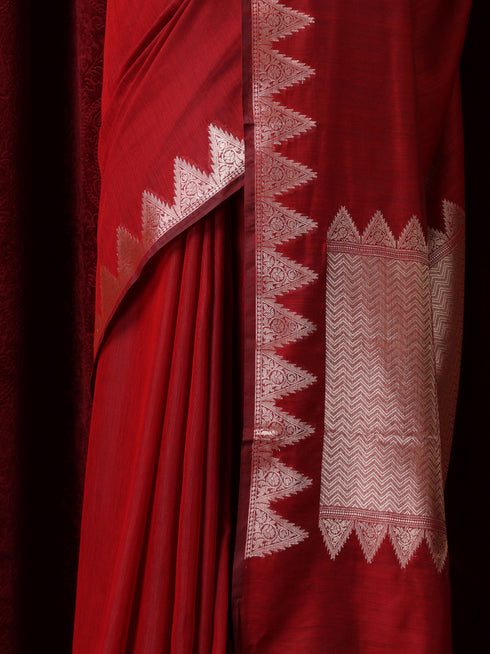 Banaras Red Temple Mul Mul Cotton Silk Saree with Blouse Fabric