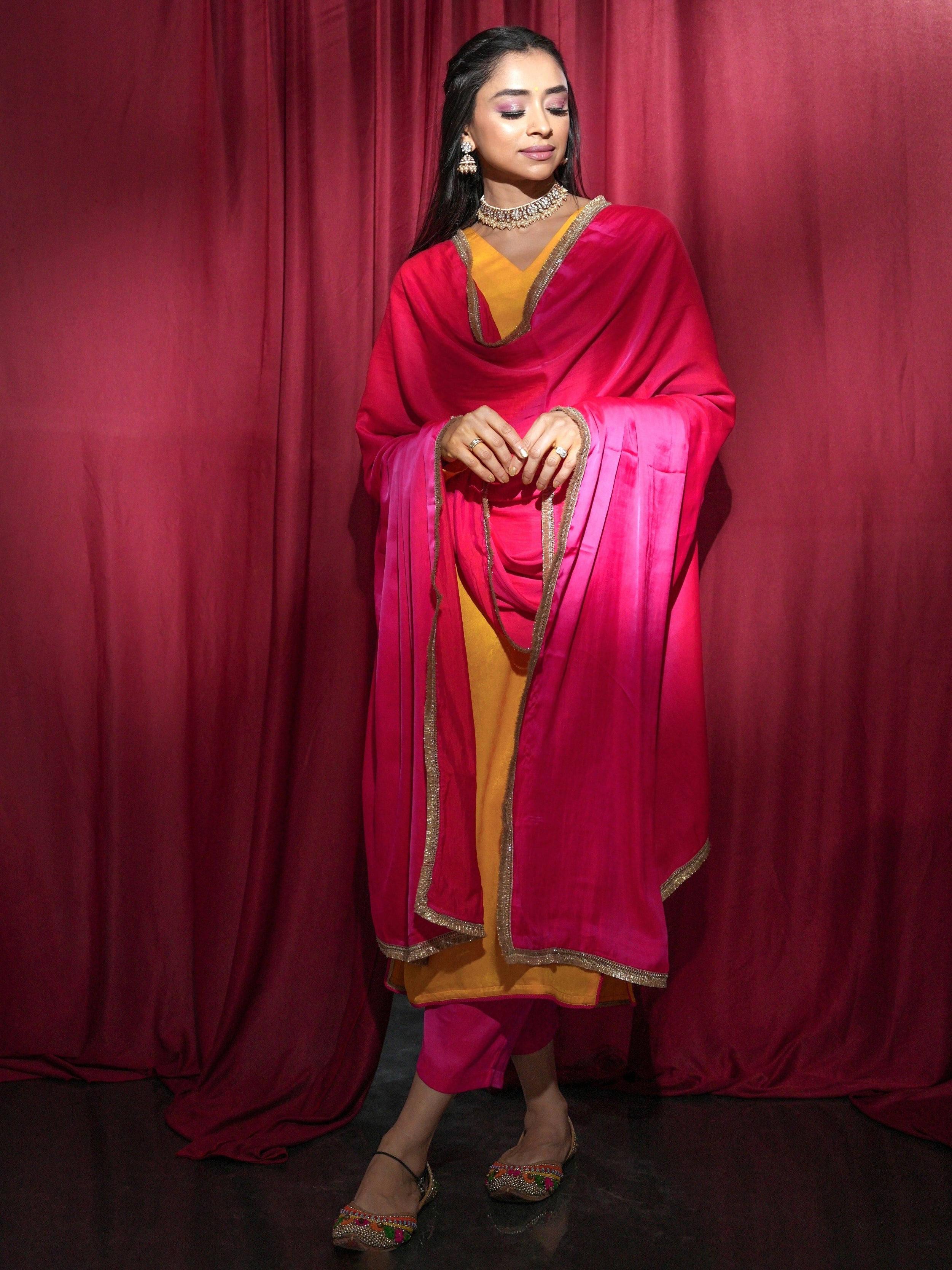 Women's Sunflower Yellow Posh Kurta with Dual Colour Satin Pant and Lace Dupatta 3 Piece Set | A-Line, V Neck, Full Sleeves, Pants, Festive Wear, (Satin)