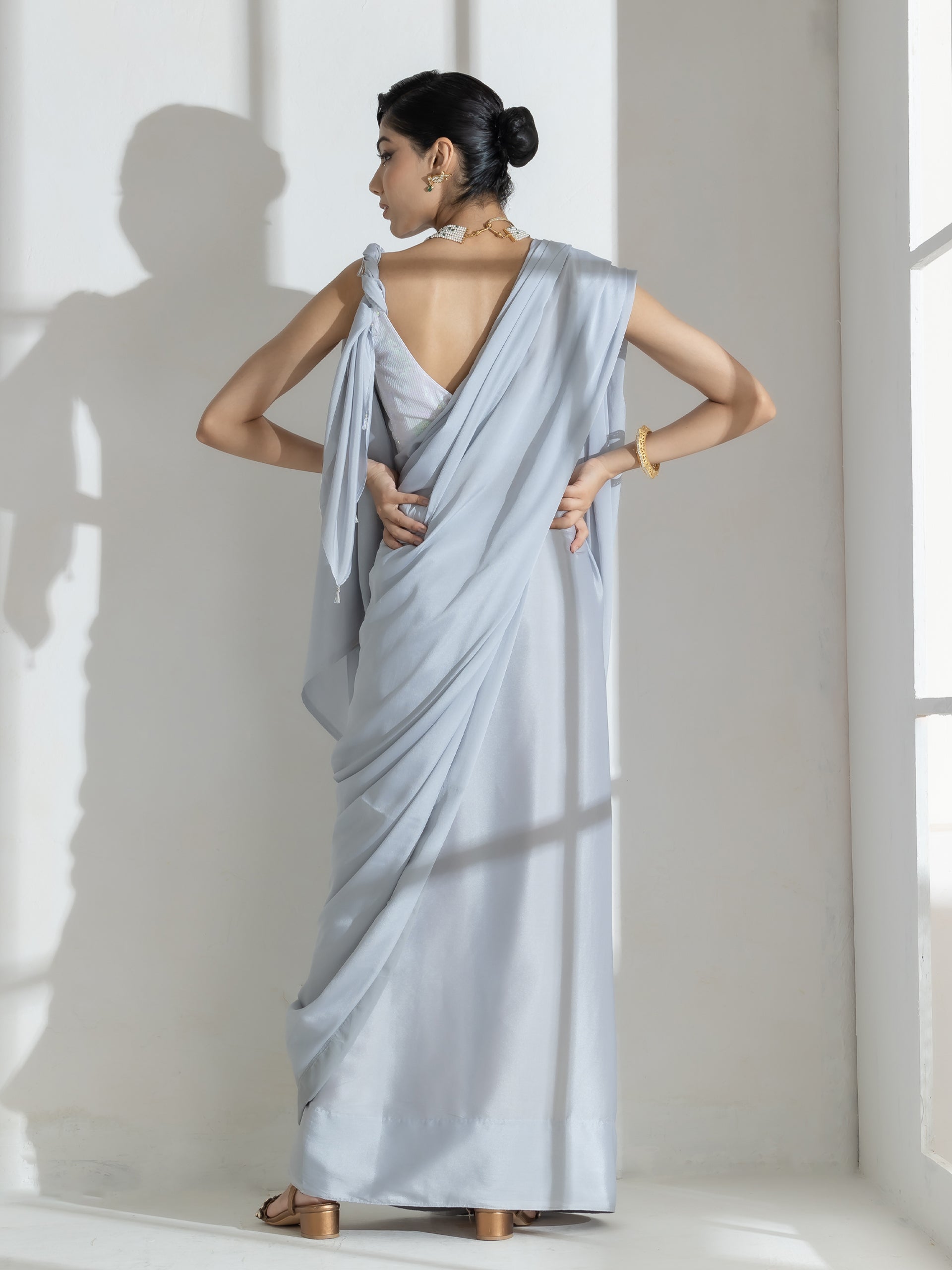 Quartz Grey Crepe Saree with beads and self Blouse fabric