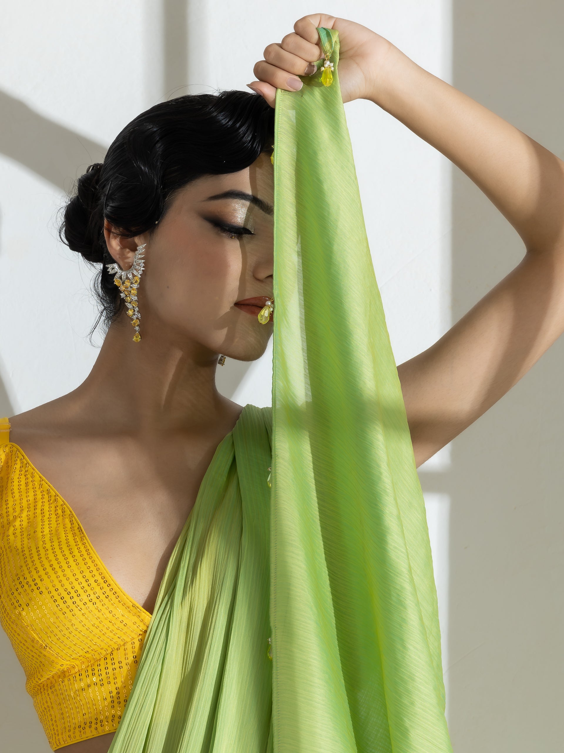Lime and blue dual shade texture chiffon saree with beads — view 7