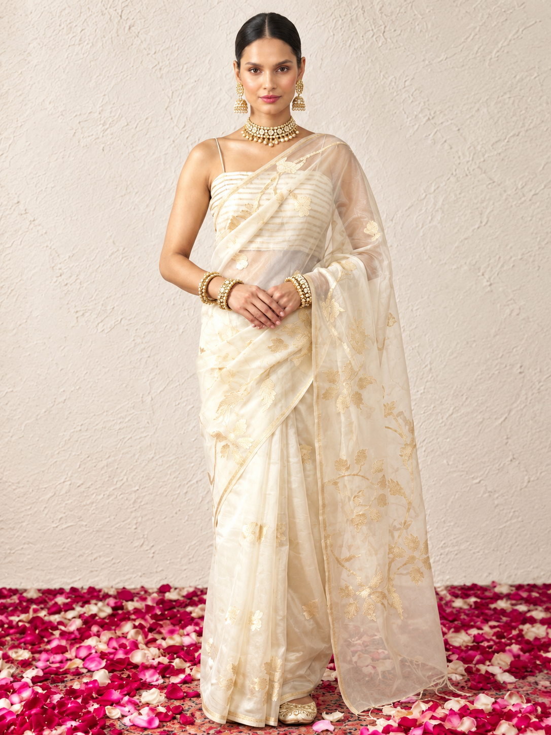 Cream Organza Saree with Zari Buti and Matching Stripe Blouse Fabric