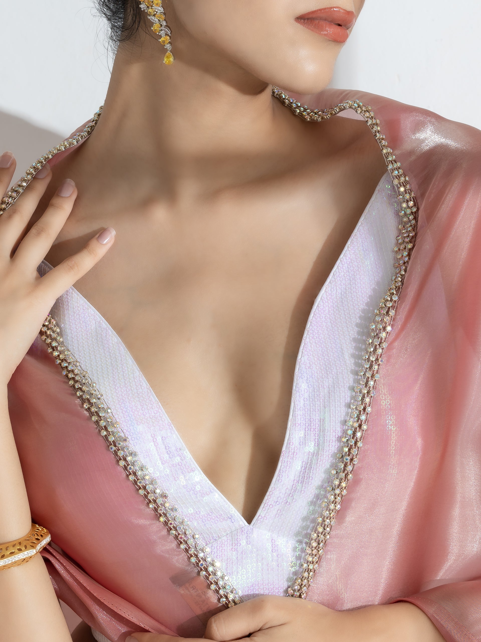 Mettalic Bloom Organza Satin Saree  with Diamond Studs and Self Blouse Fabric