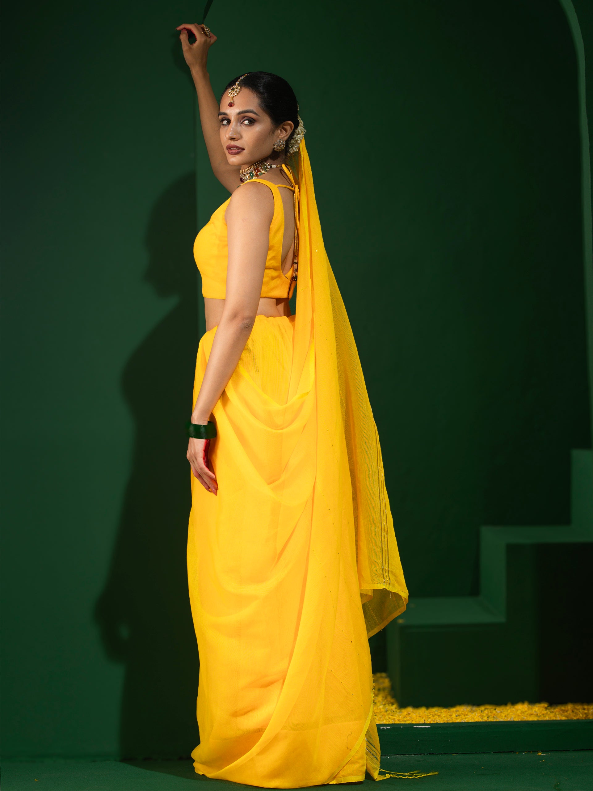 Yellow Sequin Cotton Saree With Blouse Fabric