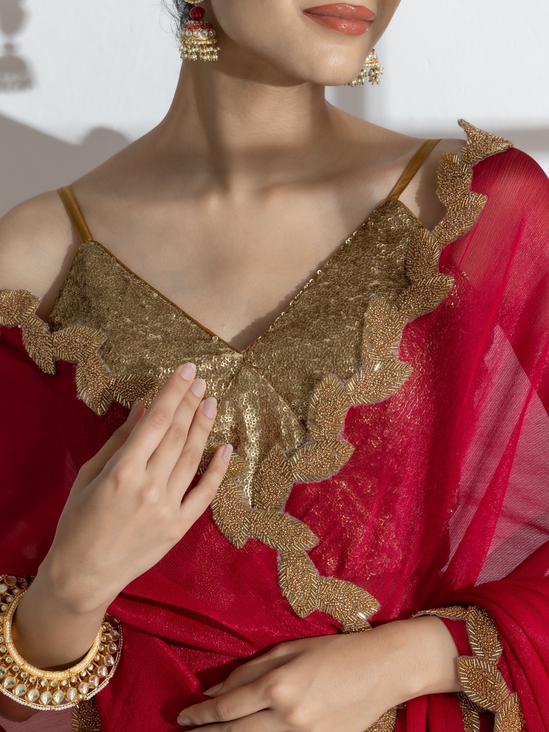 Vermilion Red Shimmer Chiffon Saree with Leaf Beaded Lace and Self Blouse Fabric