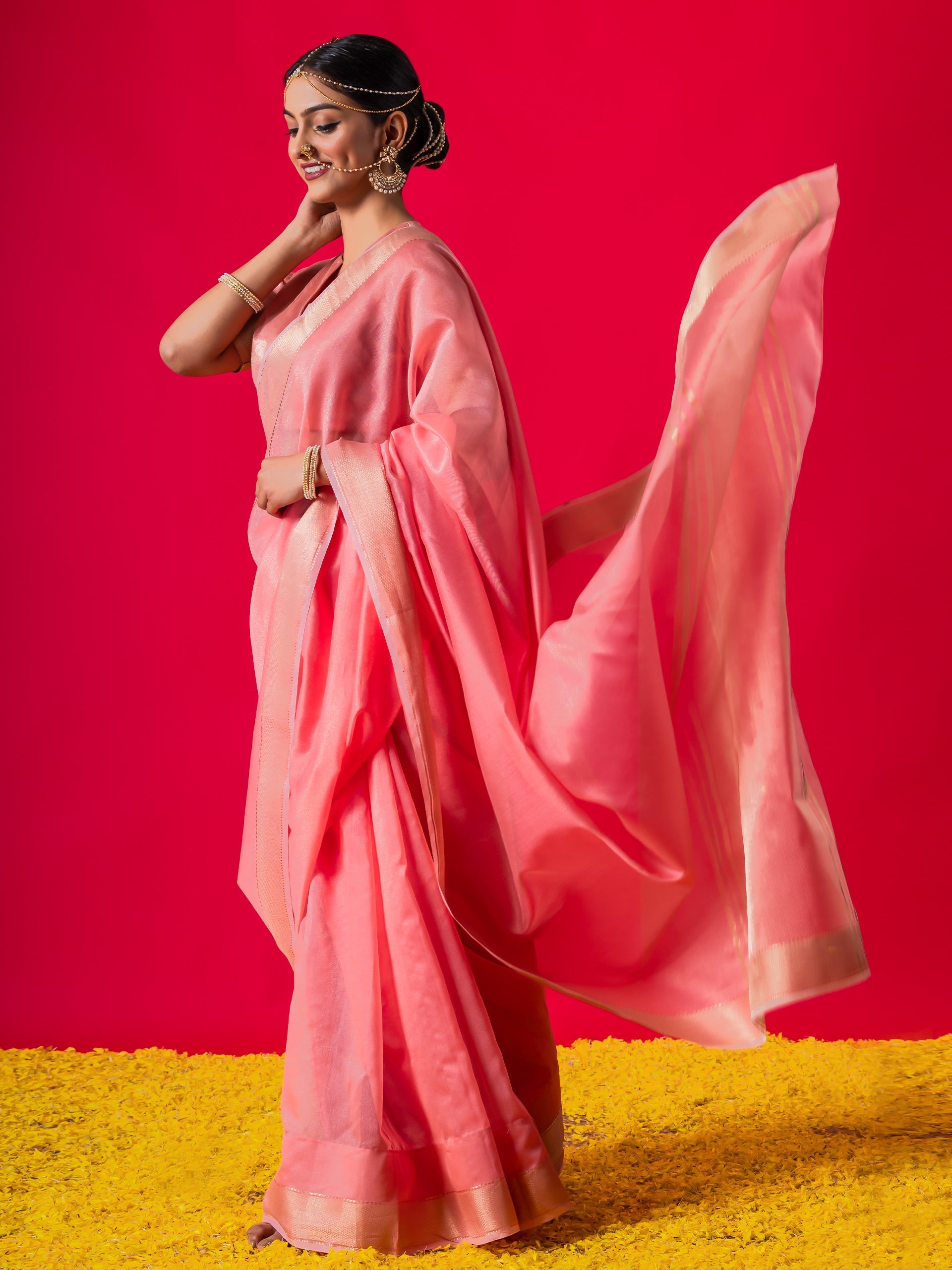 Flamingo Pink Gold Metallic Saree with Blouse Fabric