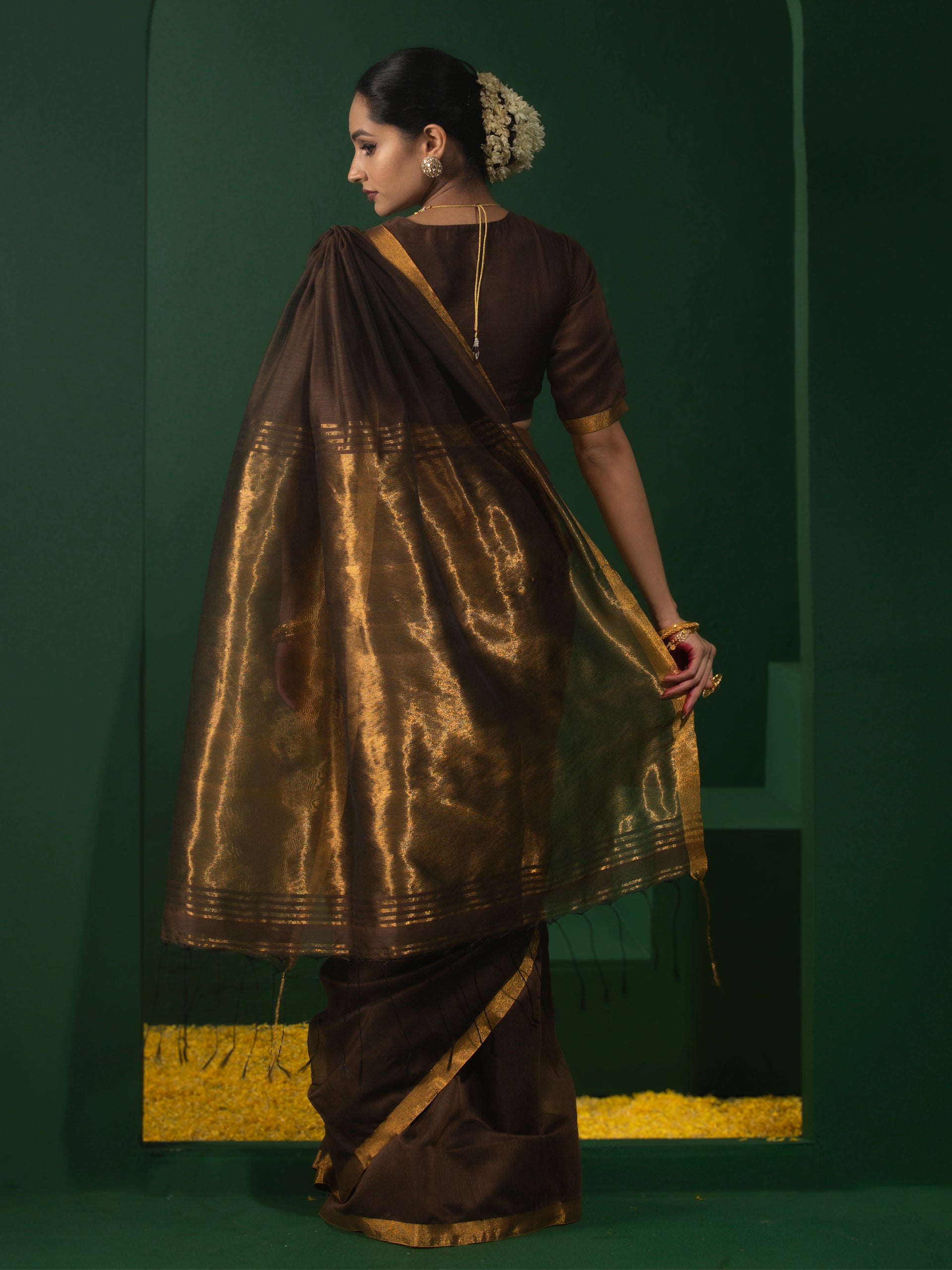 Coffee and Bronze Cotton Silk Saree with Blouse Fabric